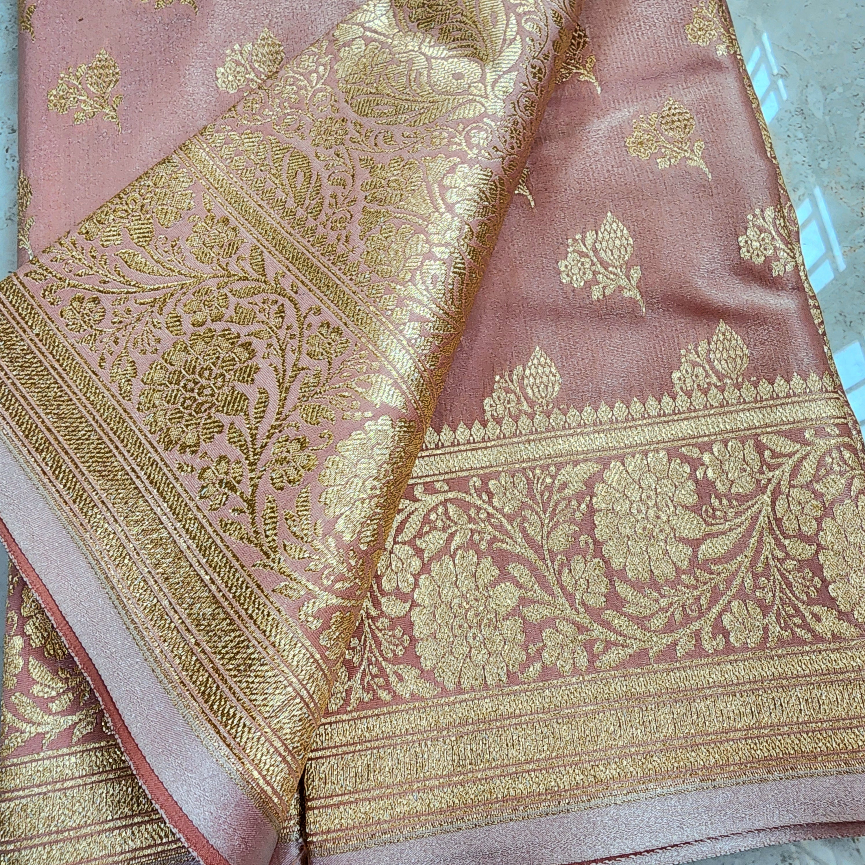 Rich Rose Blush Pink Banarasi Silk Saree with Gold Zari Weaving