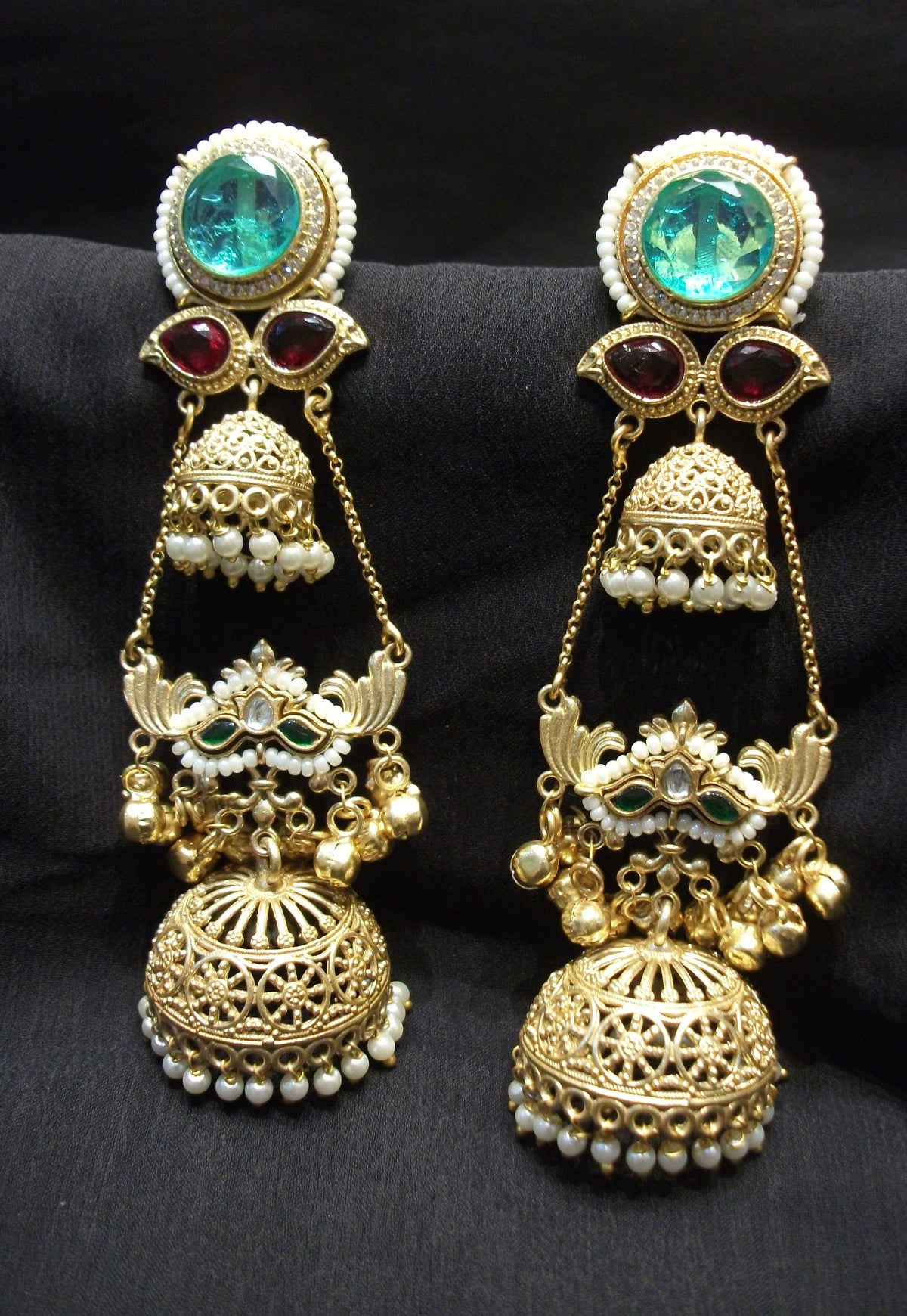 Multi-Stone Hanging Jhumka Earrings with Bell Accents