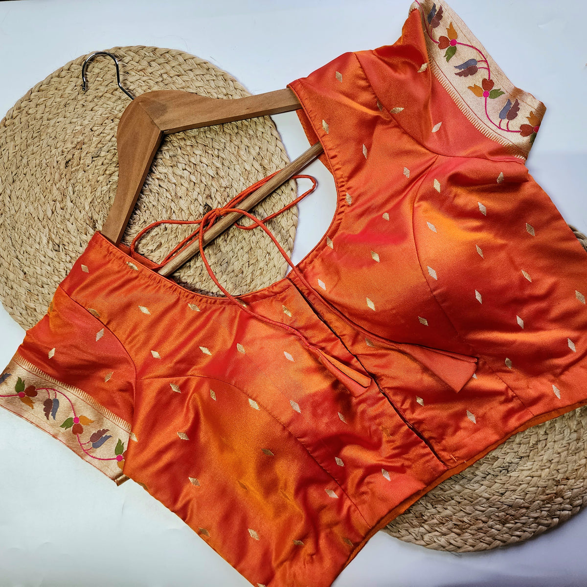 Raahi - Bright Orange Paithani Silk Saree with Stitched Blouse