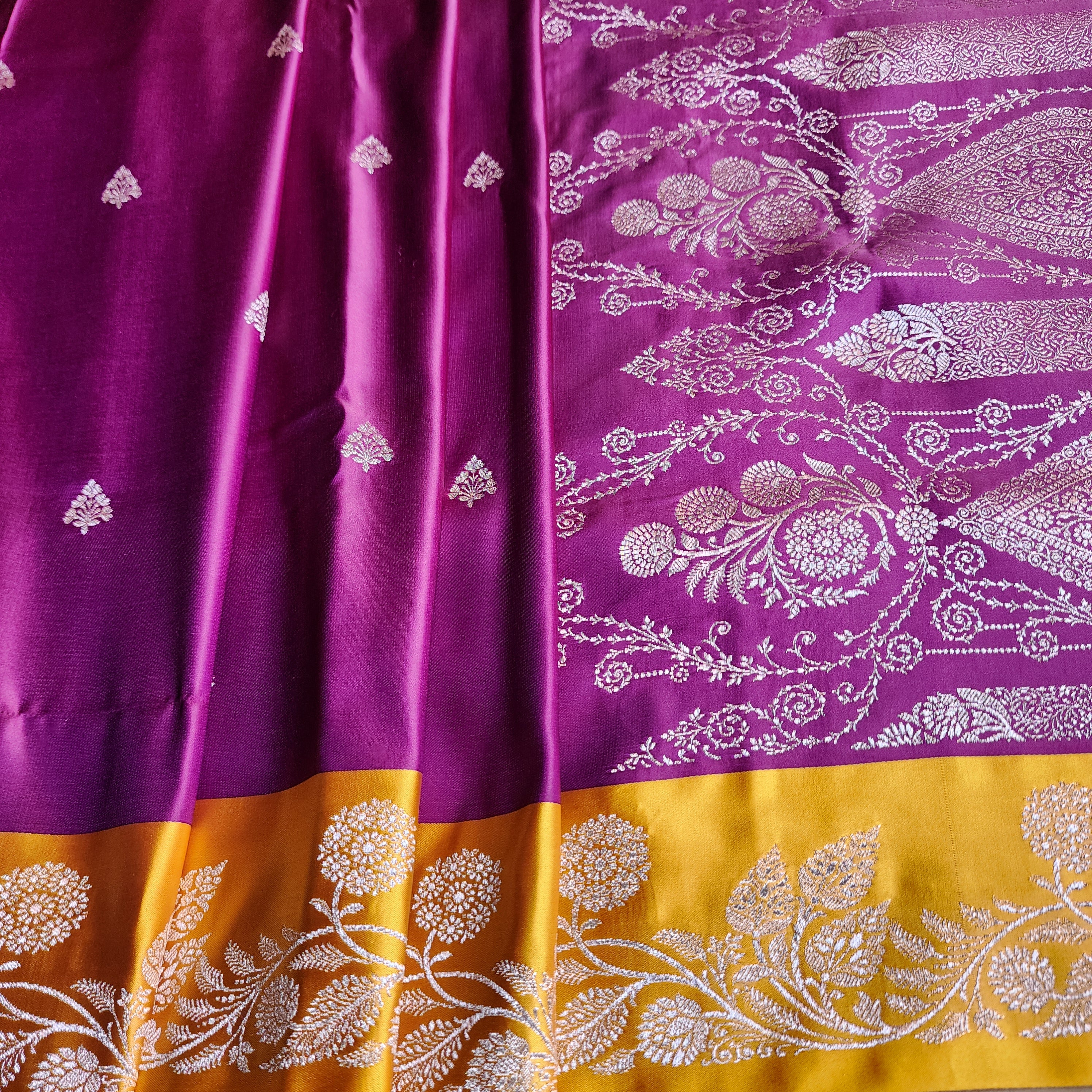 Wine Maroon Pure Banarasi Katan Silk Saree with Mustard Yellow Border