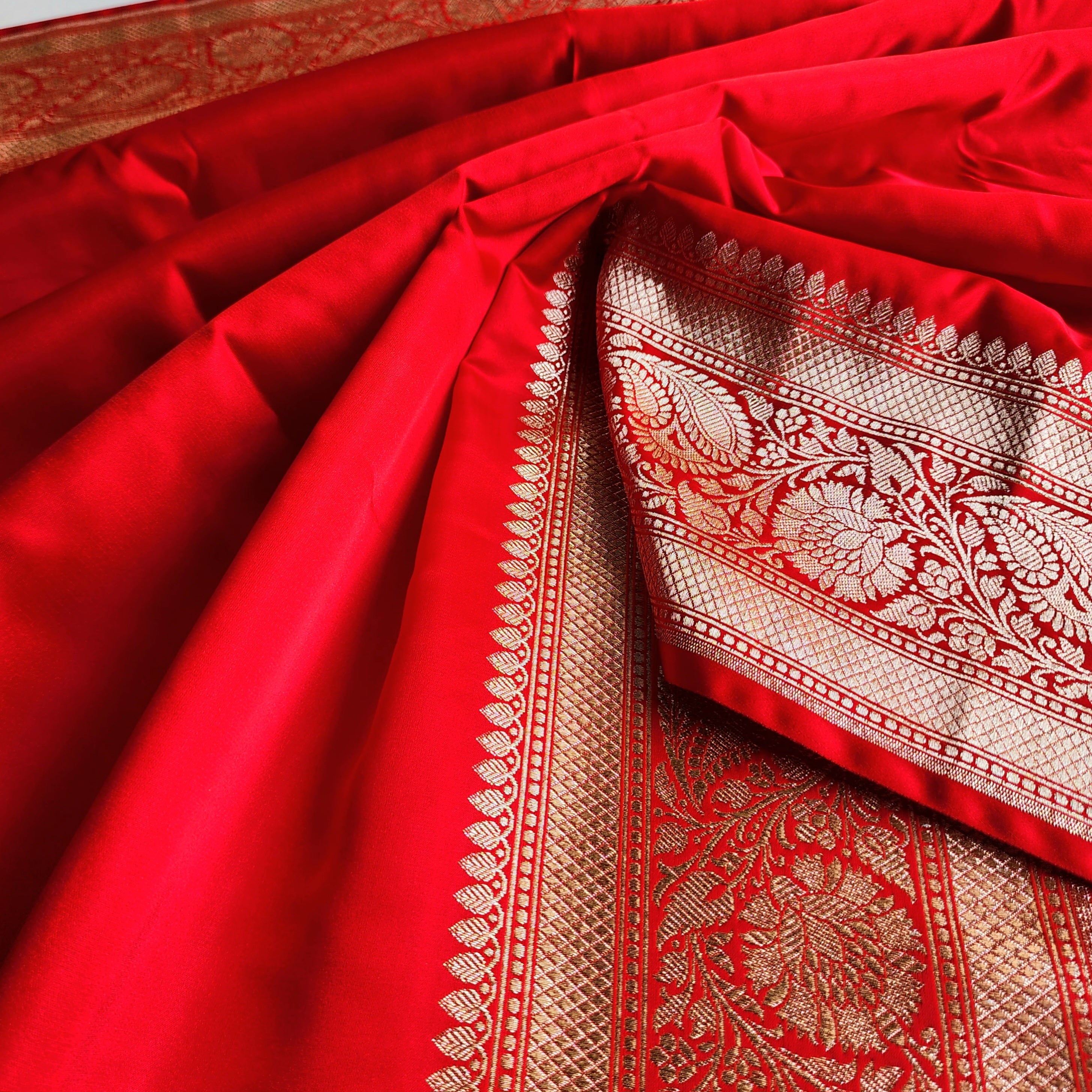 Rich Vermilion Red Pure Banarasi Katan Silk Saree with light Gold Zari Weaving