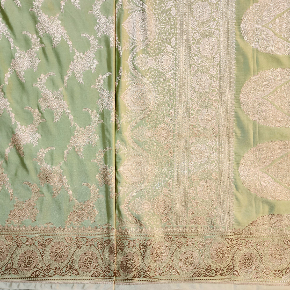 Olive Green Banarasi Katan Silk Saree with Floral Vine Jaal