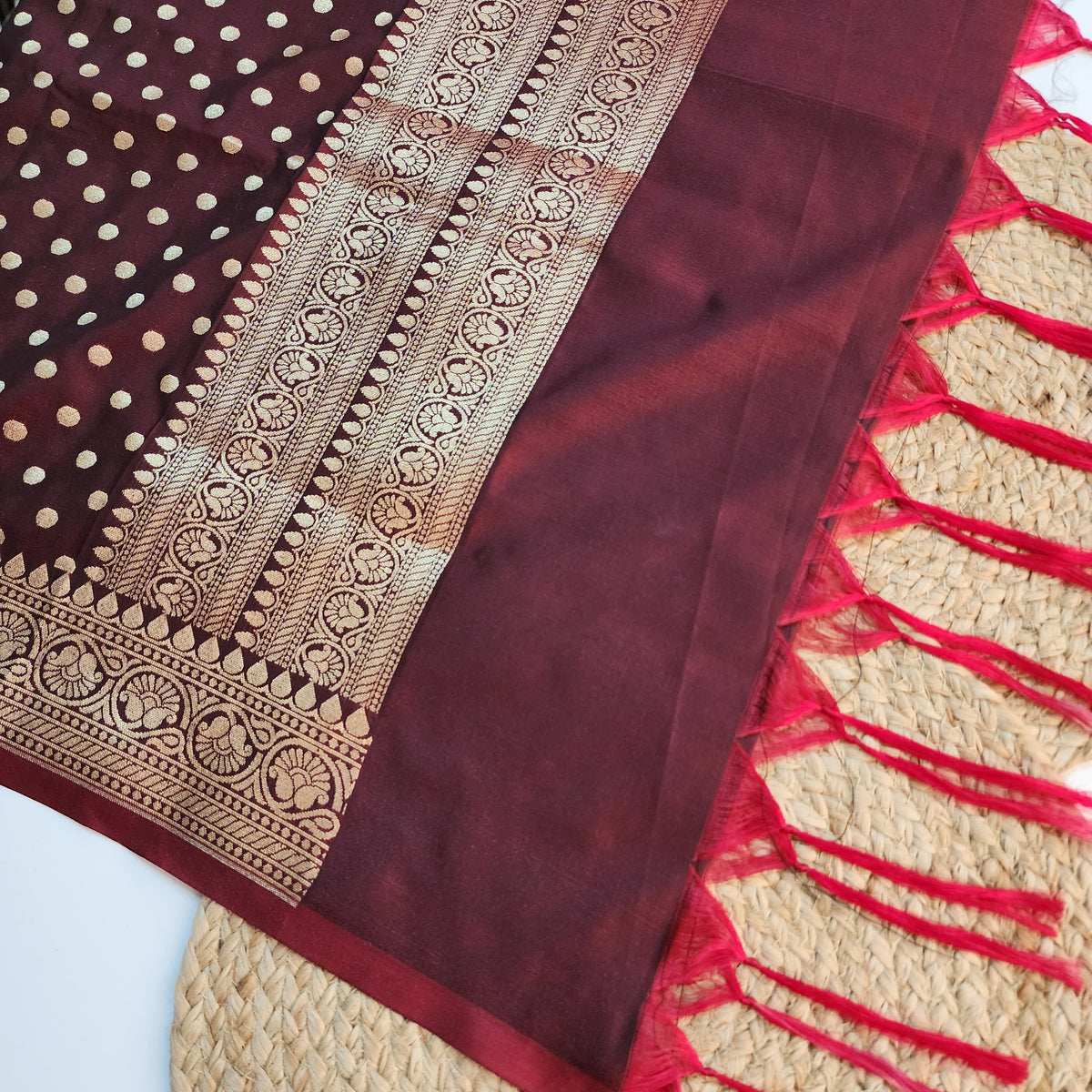 Burgundy Banarasi Silk Dupatta with Gold Polka Dot