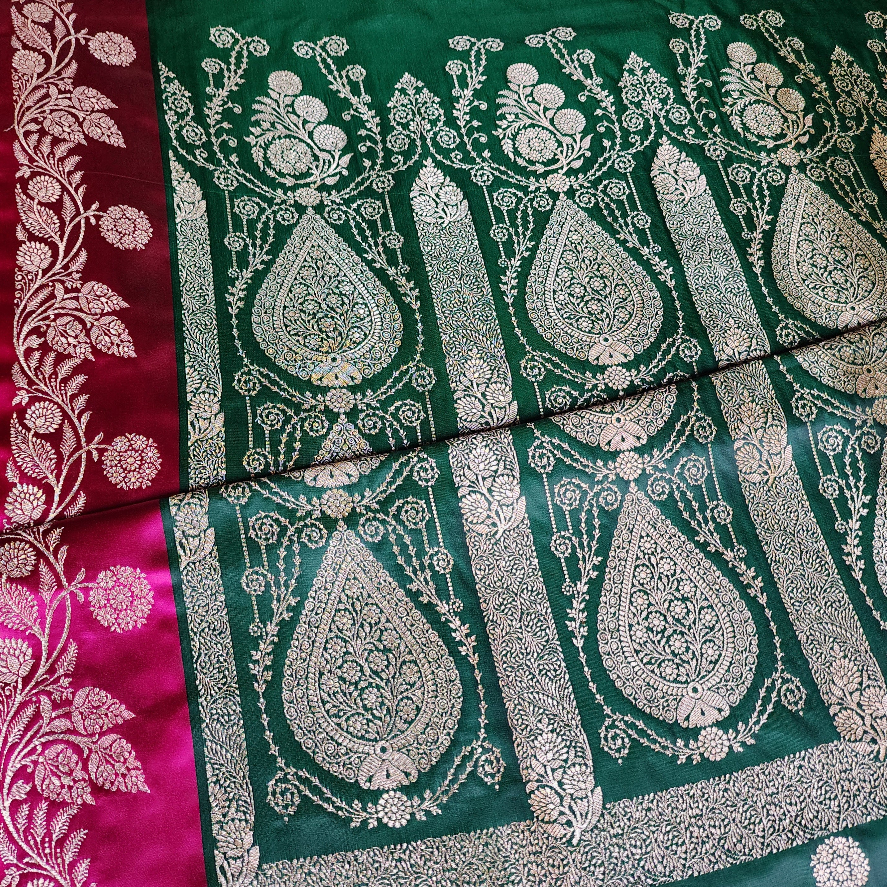 Emerald Green Pure Banarasi Katan Silk Saree with Bright Pink Border