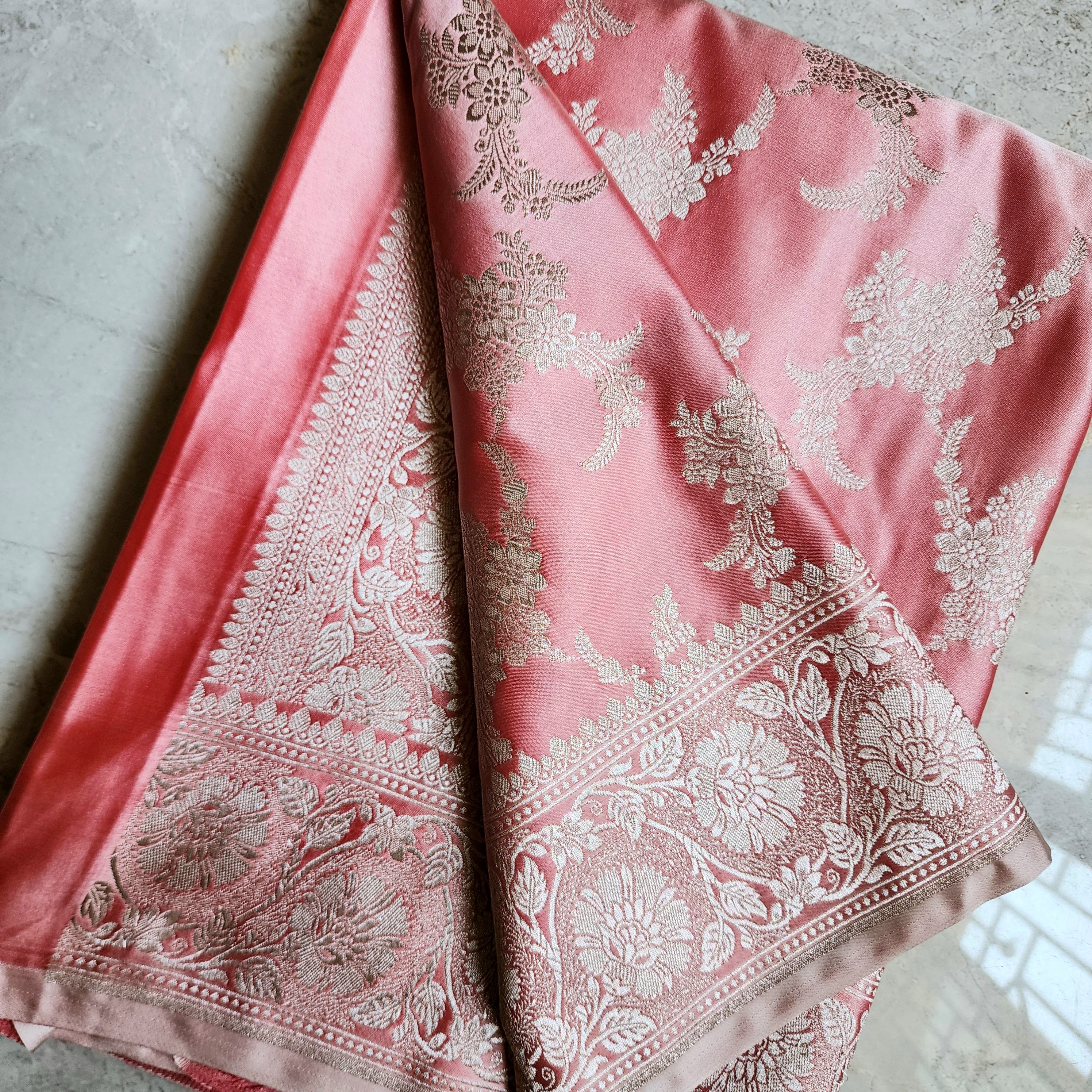 Blush Coral Banarasi Katan Silk Saree with Floral Vine Jaal