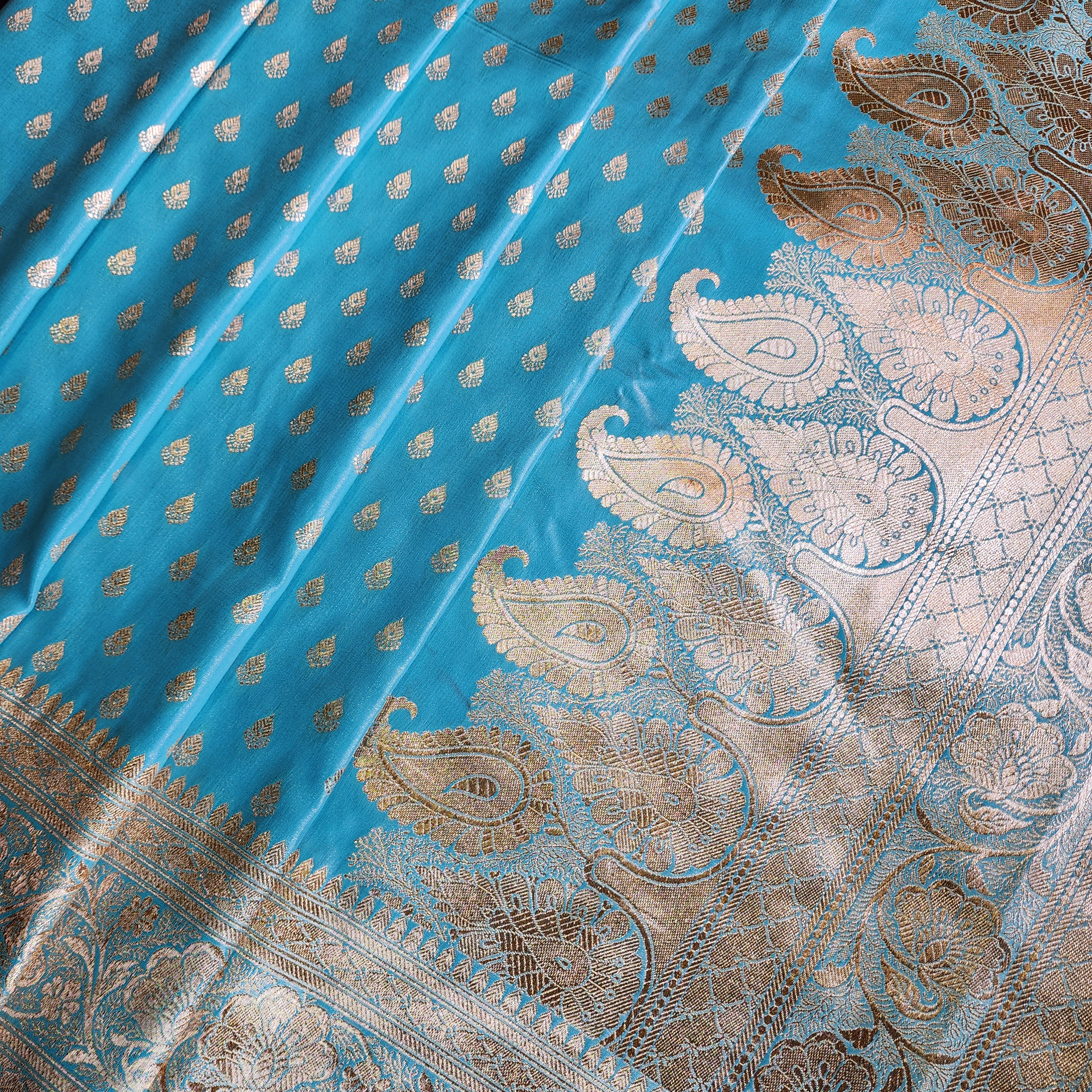 Rich Sky Blue Banarasi Silk Saree with Gold Zari Weaving