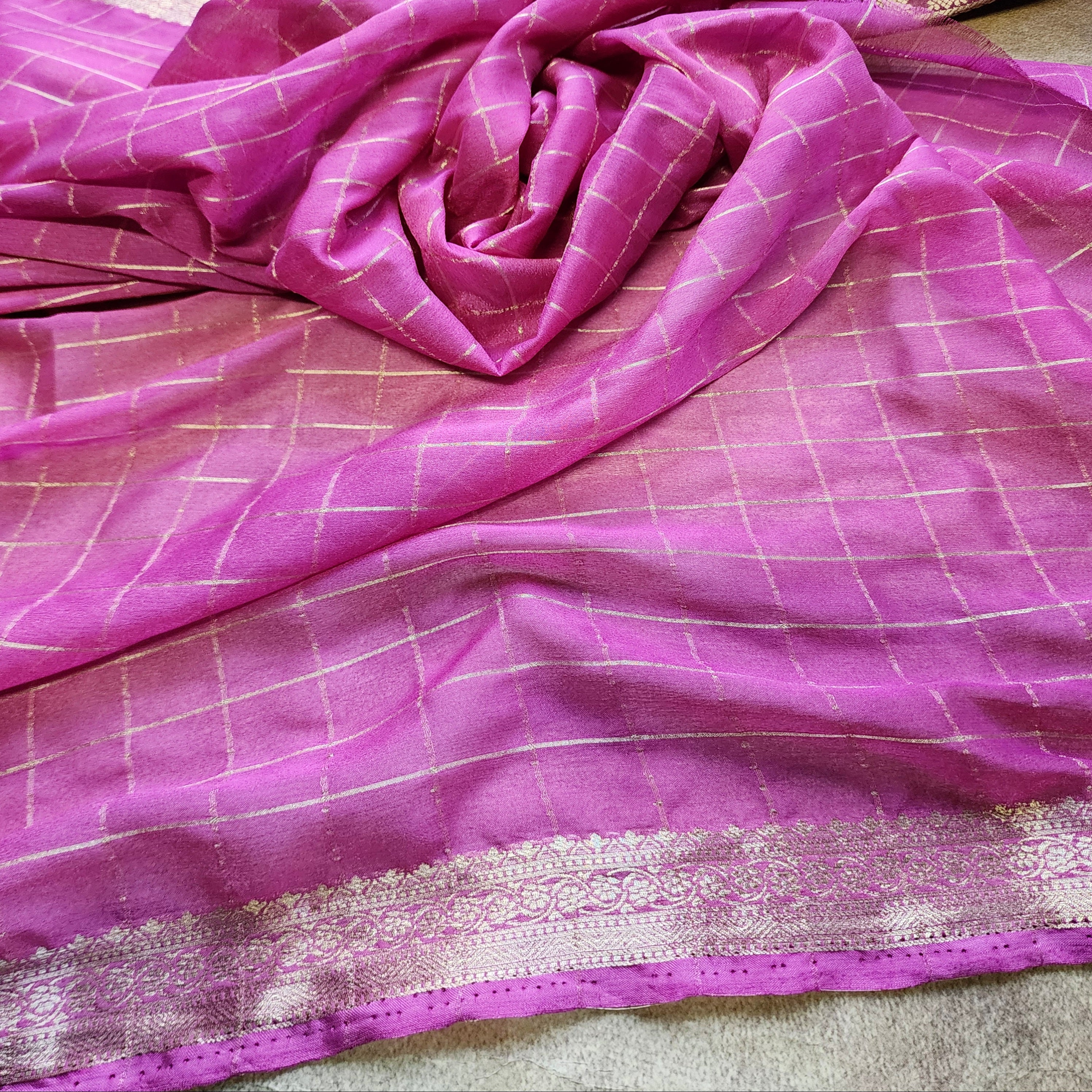 Deep Plum Crepe Georgette Silk Saree with Gold Zari Detailing