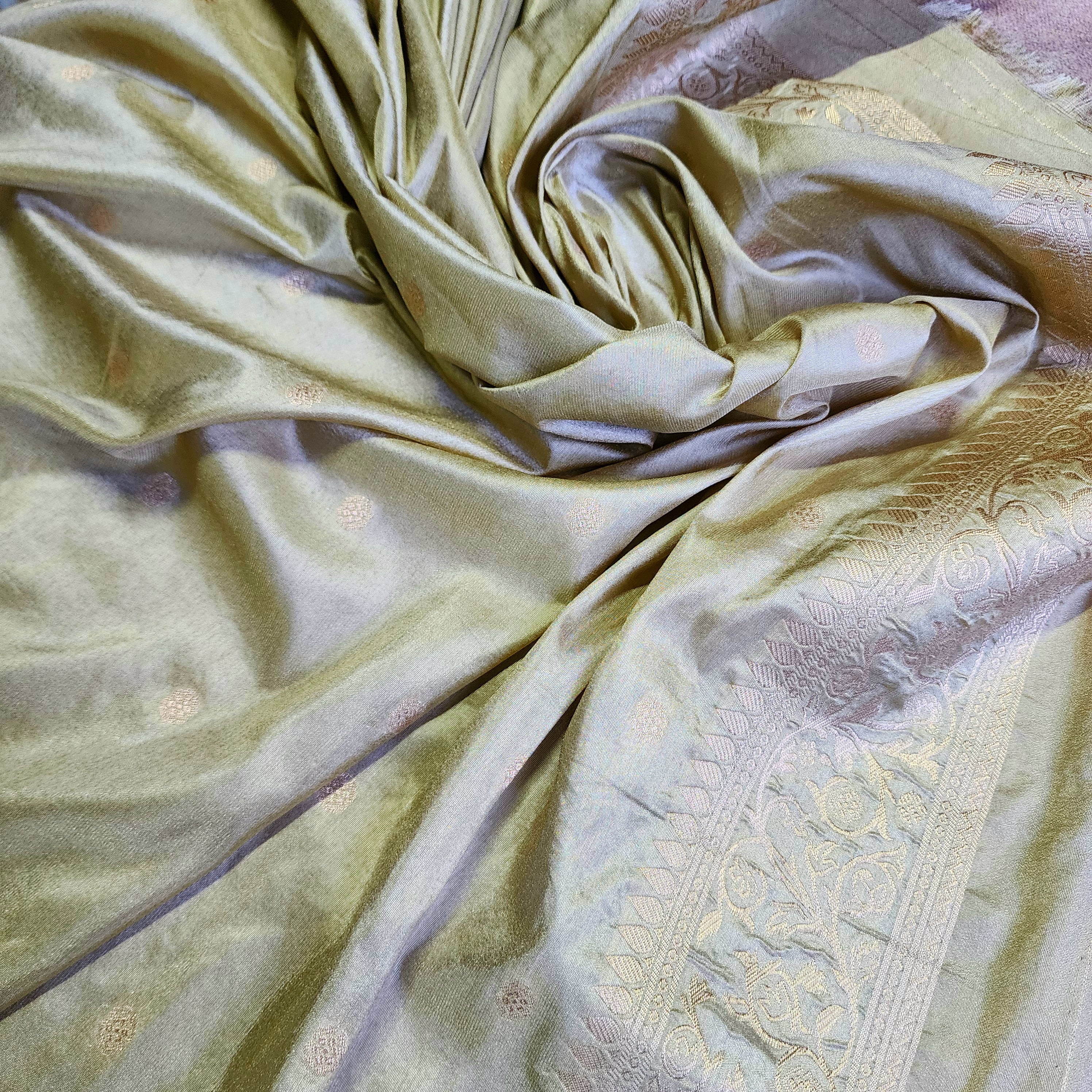 Bottle Green Crepe Georgette Silk Saree with Soft Champagne Gold Zari Border
