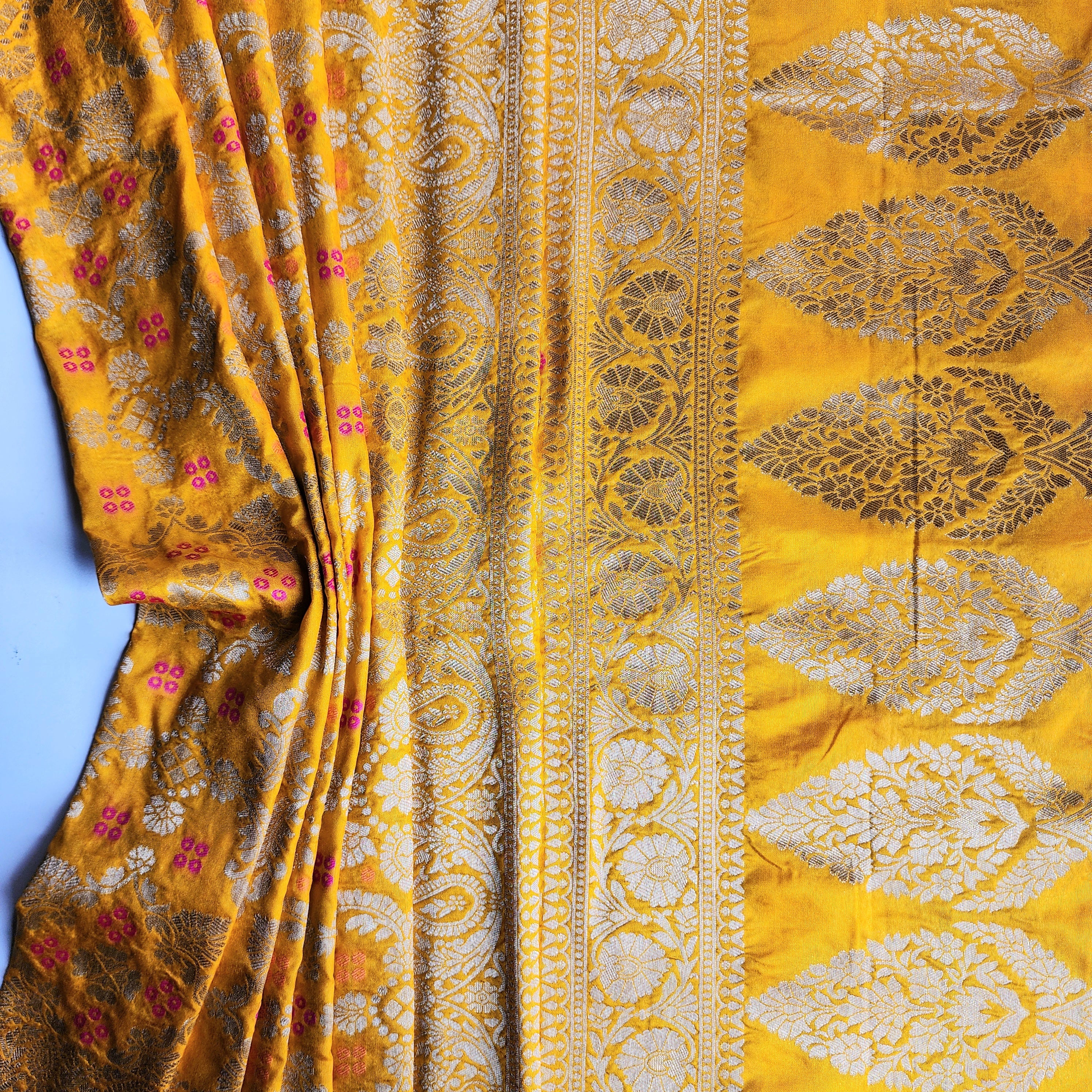 Mustard Gold Bandhani Dupatta with Floral and Geometric Zari Weave