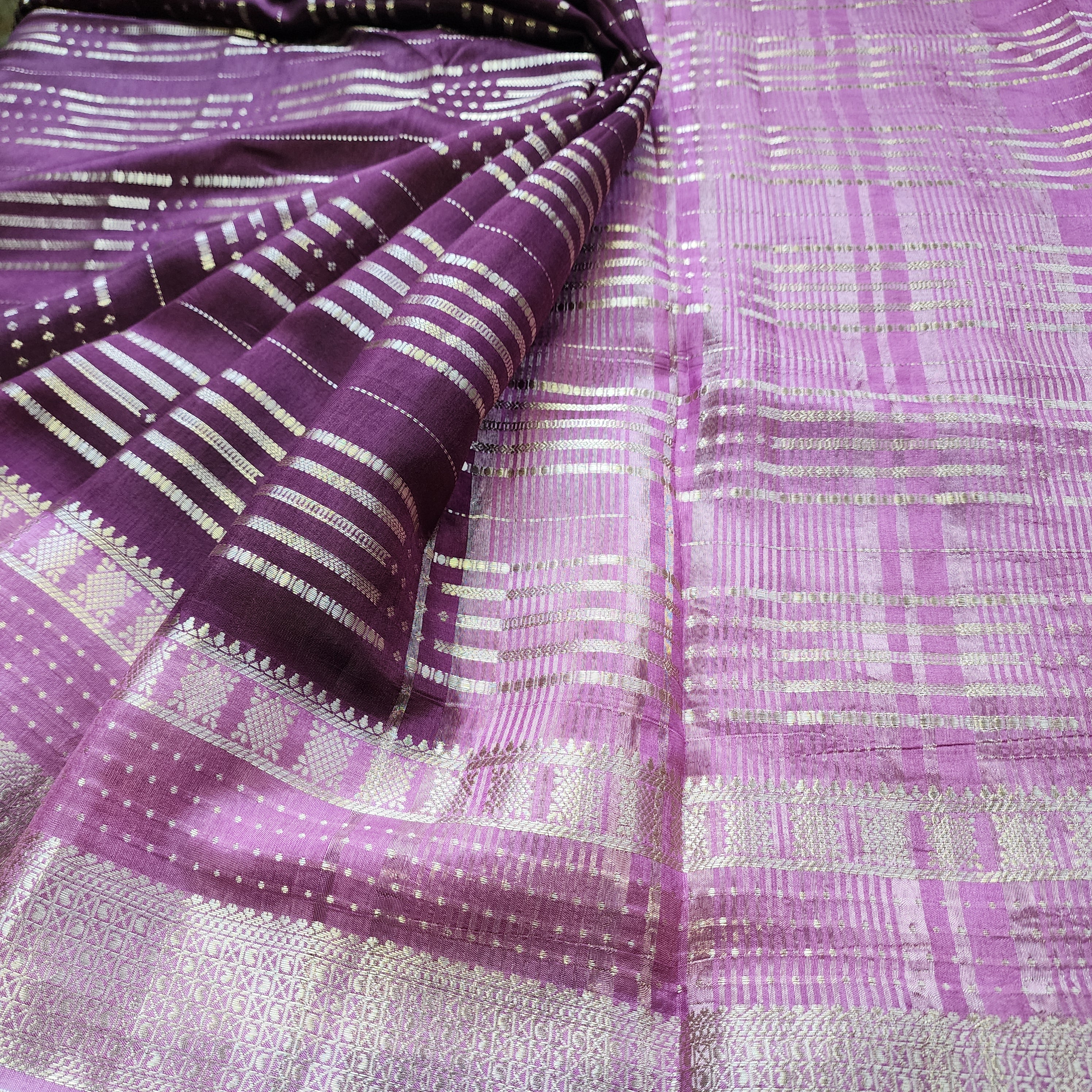 Deep Plum Crepe Georgette Silk Saree with Gold Zari Detailing