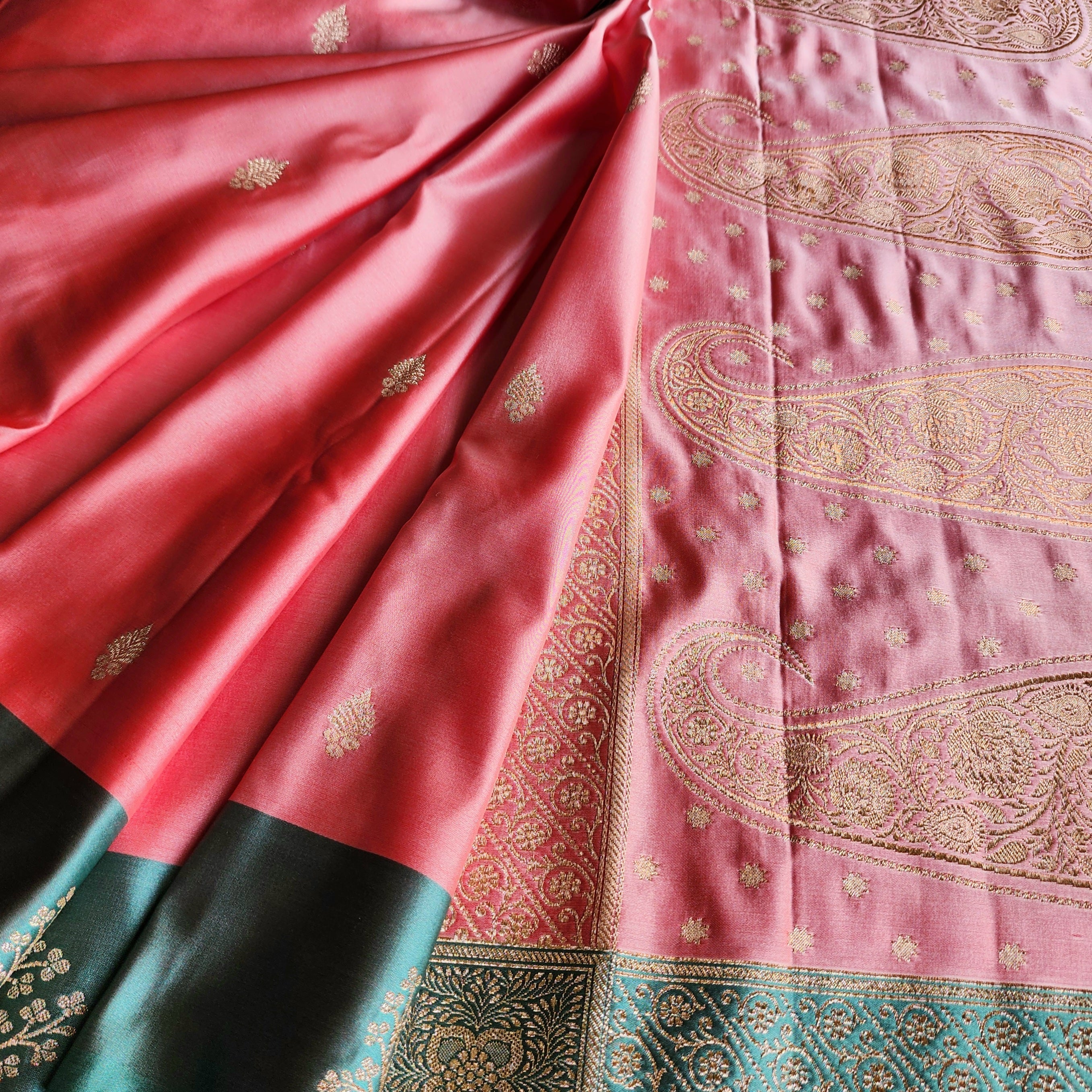 Rose Pink Katan Silk Saree with Teal Blue Gold Zari Border