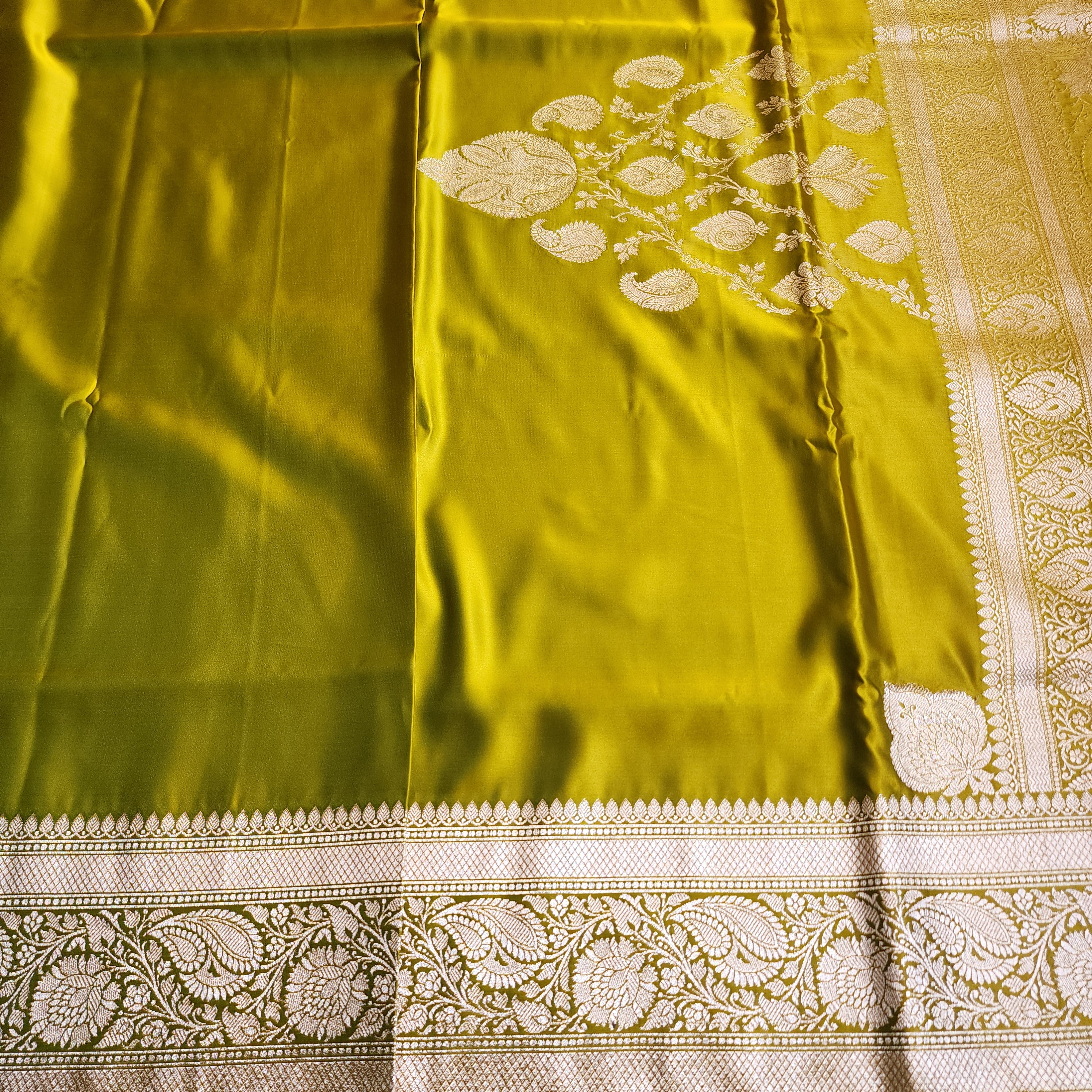 Olive Green Pure Banarasi Katan Silk Saree with light Gold Zari Weaving