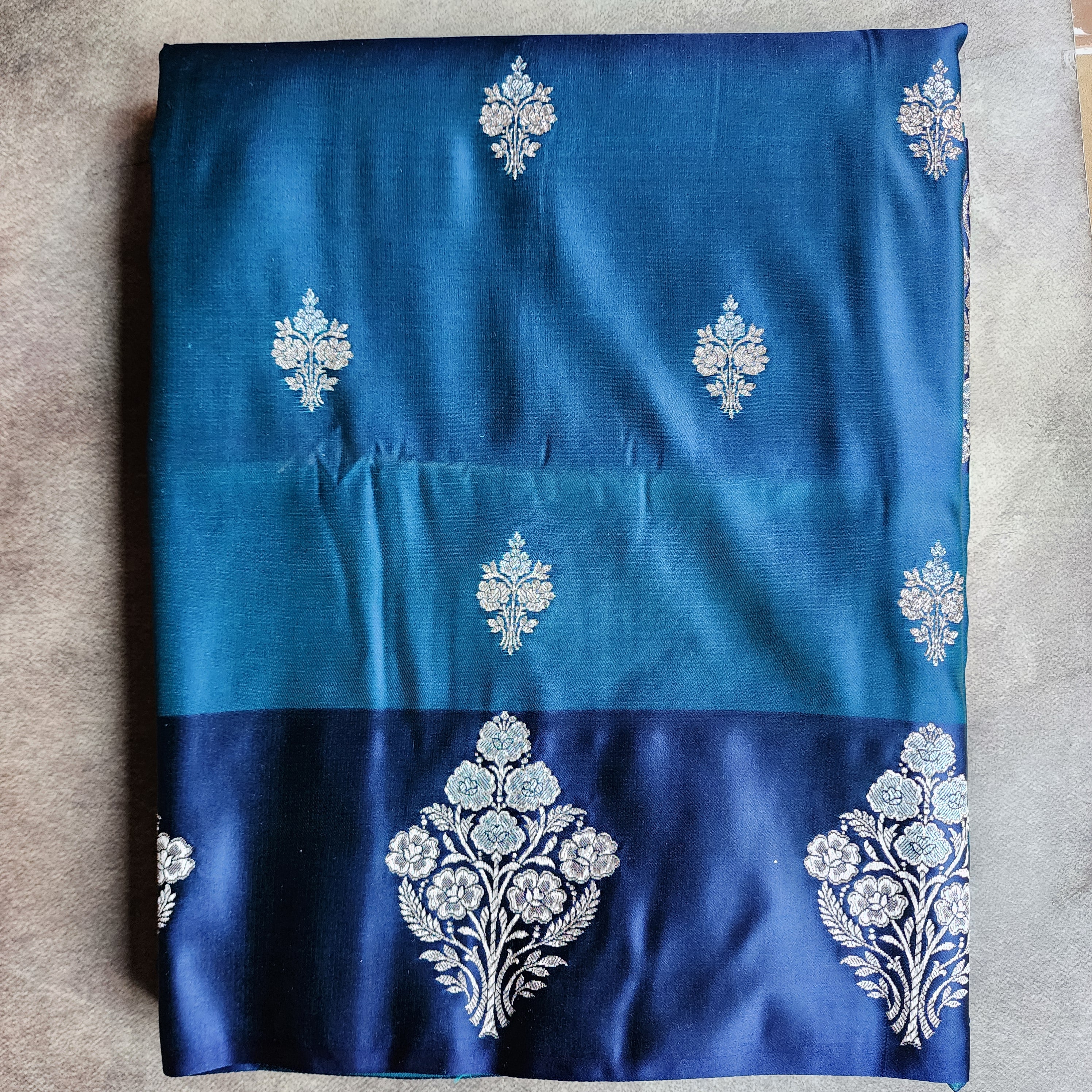 Dual-Tone Peacock Blue Pure Banarasi Katan Silk Saree