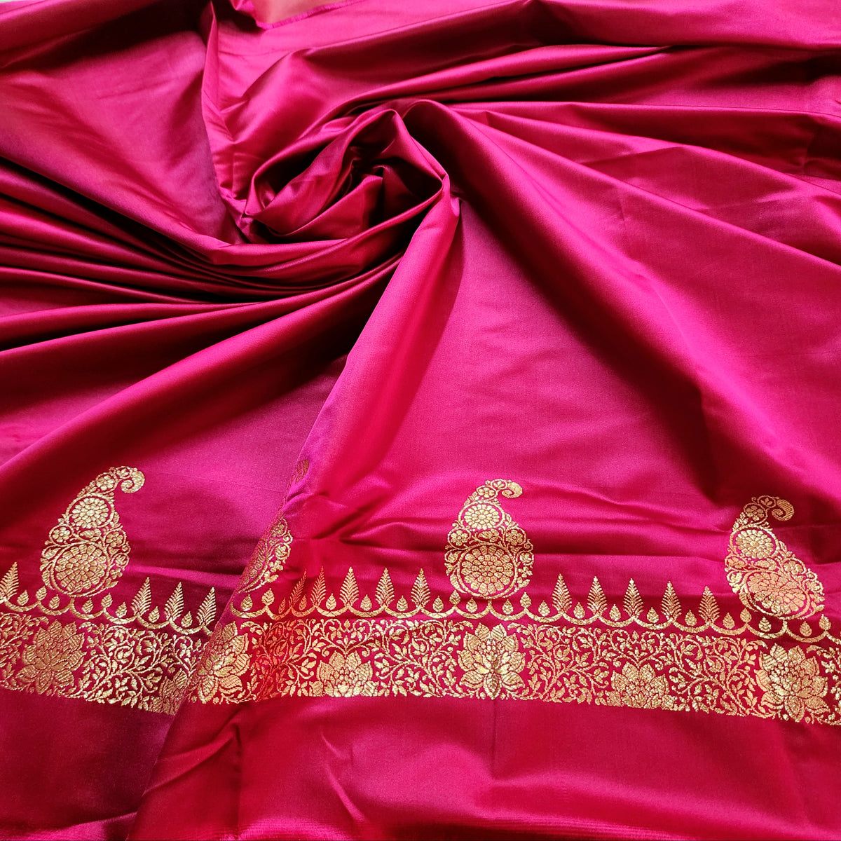 Rani Pink Paisley Katan Silk Saree with Gold Zari
