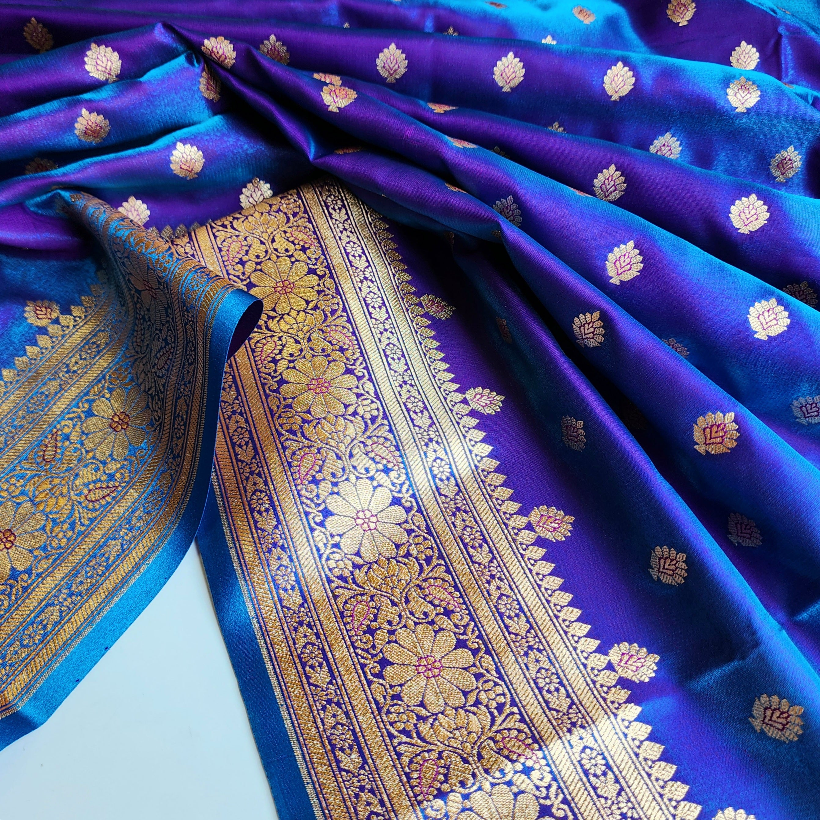 Royal Purple Blue Banarasi Silk Saree with Golden Zari Weave