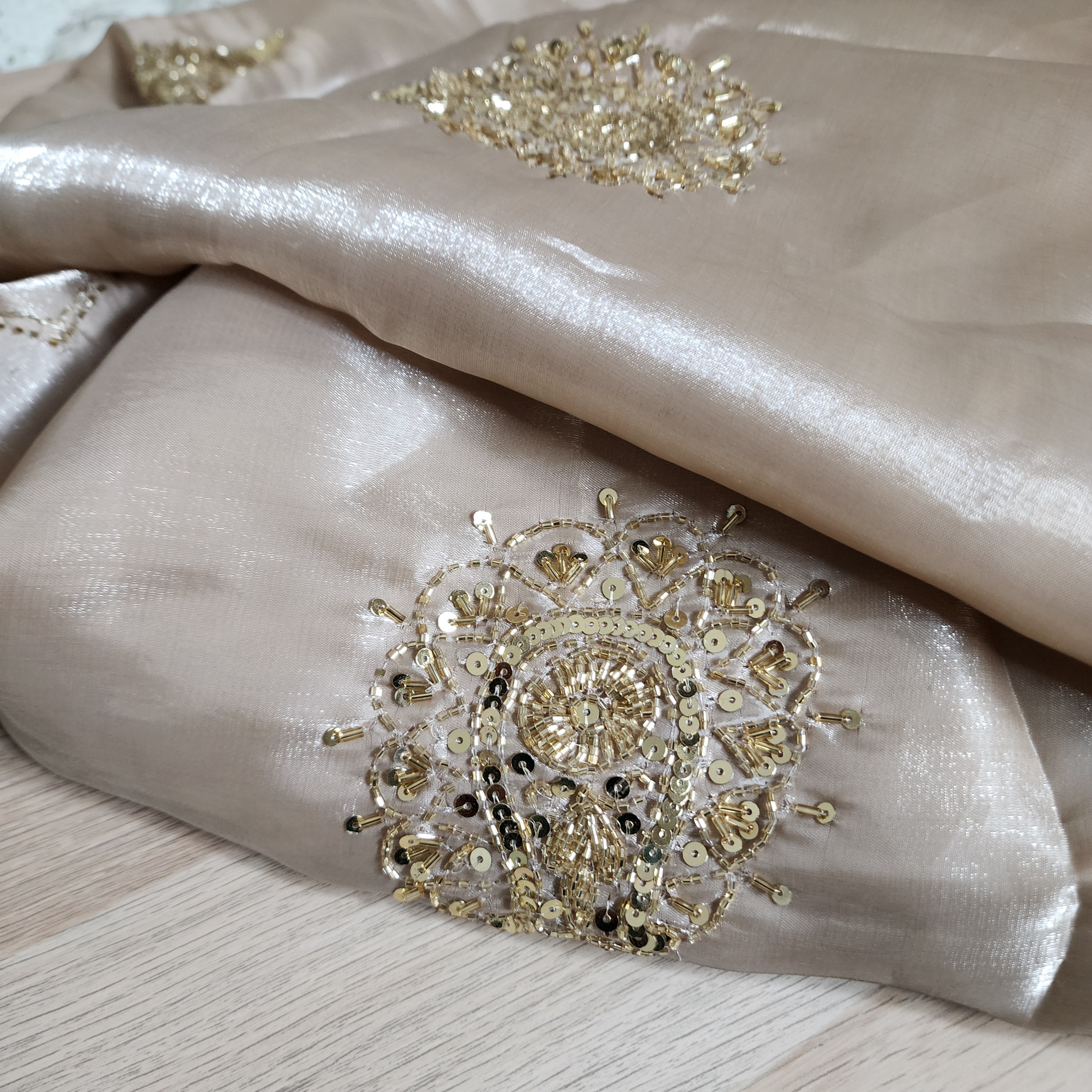 Glossy Metallic Tissue Silk Saree with Hand Embroidery