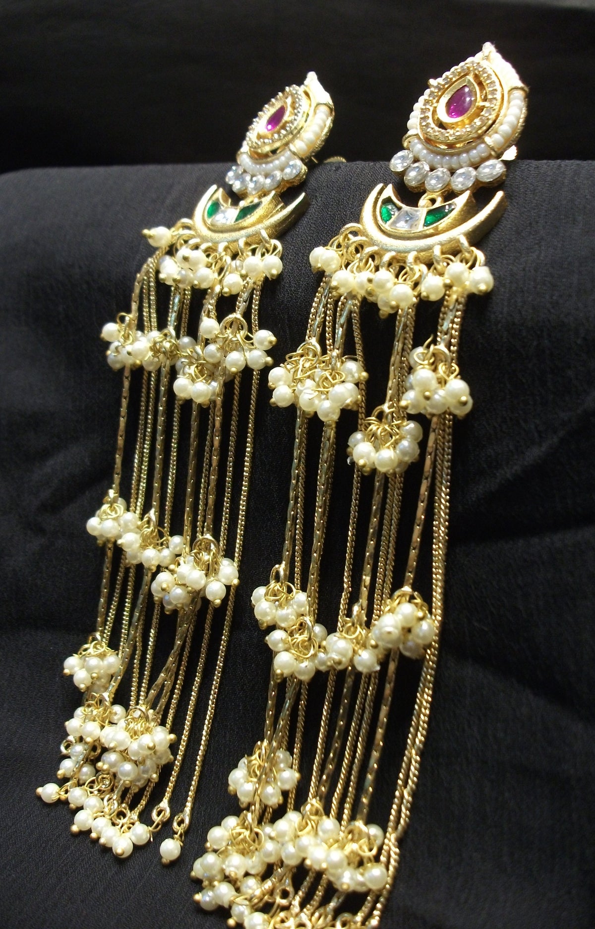 Royal Crescent Drop Earrings with Hanging Pearl Chains and Gemstones