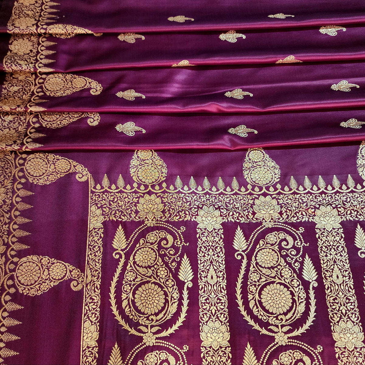 Wine Paisley Katan Silk Saree with Gold Zari