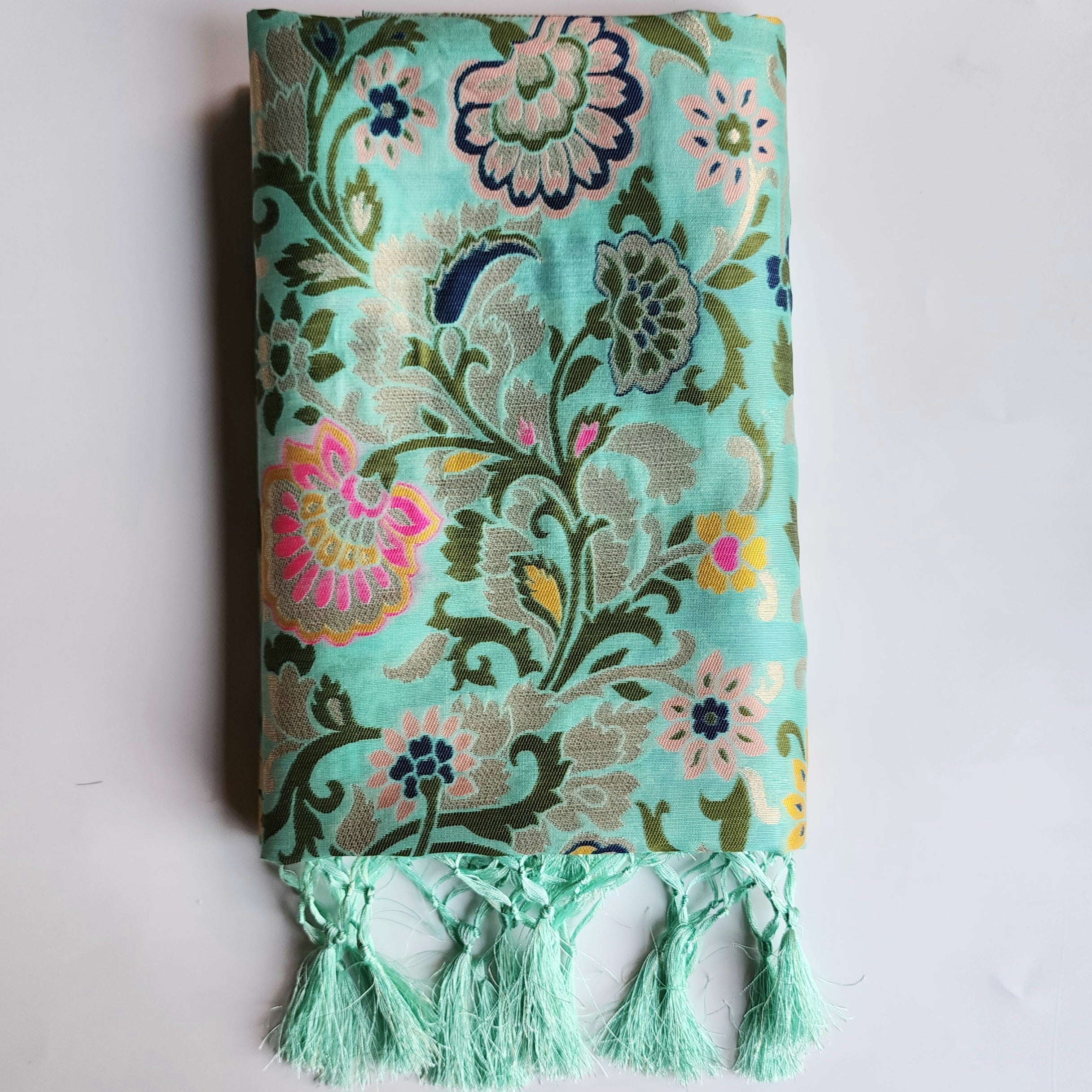 Banarasi Silk Aqua Blue Dupatta with Multicolor & Gold Floral Handweaving