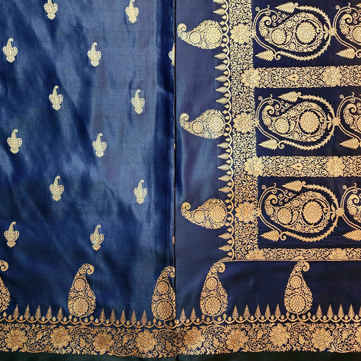 Navy Blue Paisley Katan Silk Saree with Gold Zari