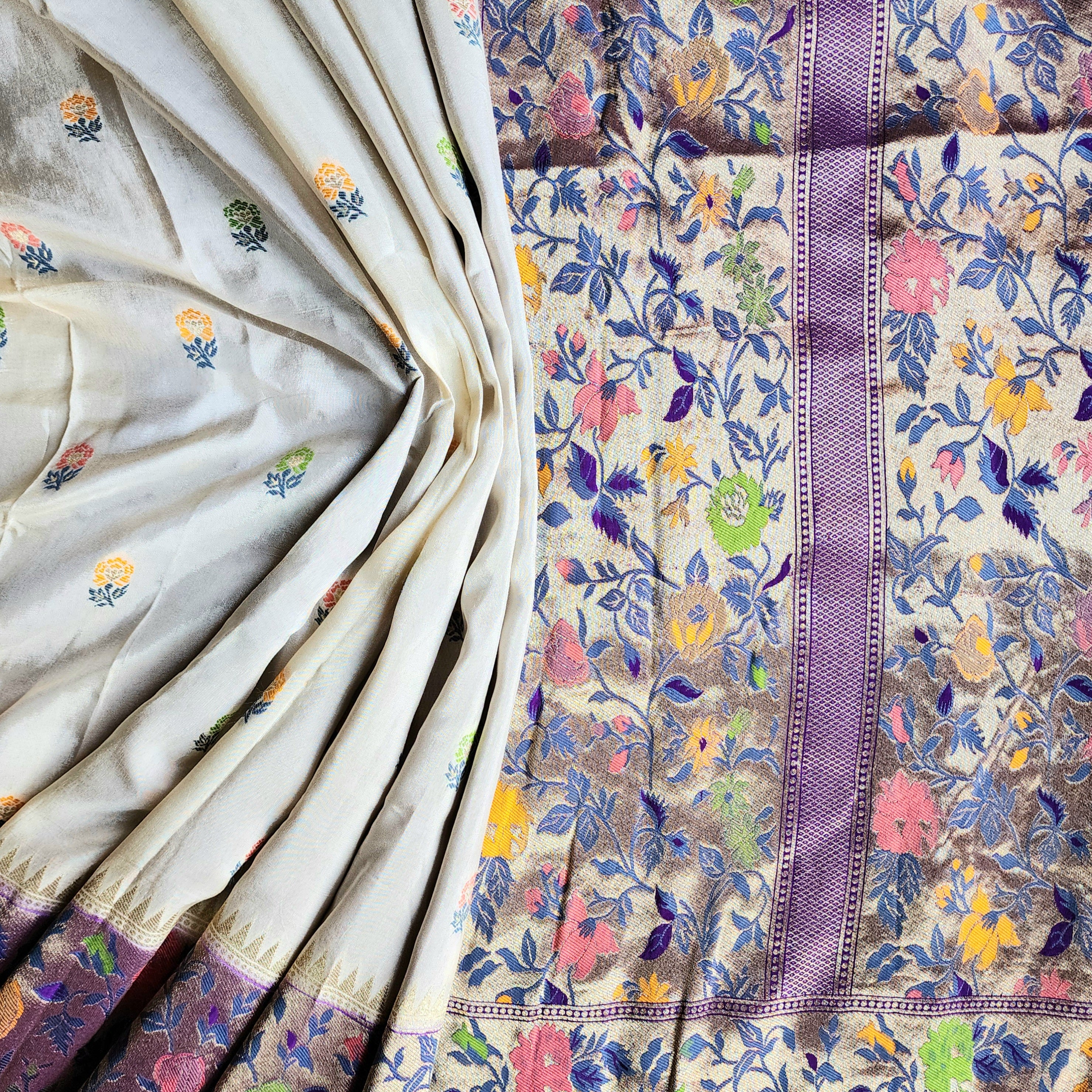 Soft Ivory Raw Silk Saree With Pastel Floral Weaving and Lilac Purple Border