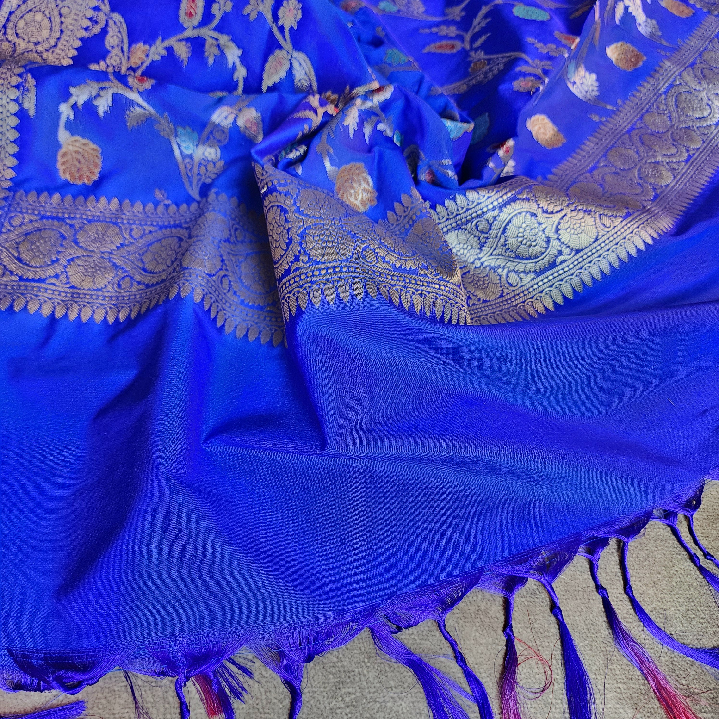 Royal Blue Banarasi Silk Dupatta with Gold Zari Border & Multicolor Meenakari Work