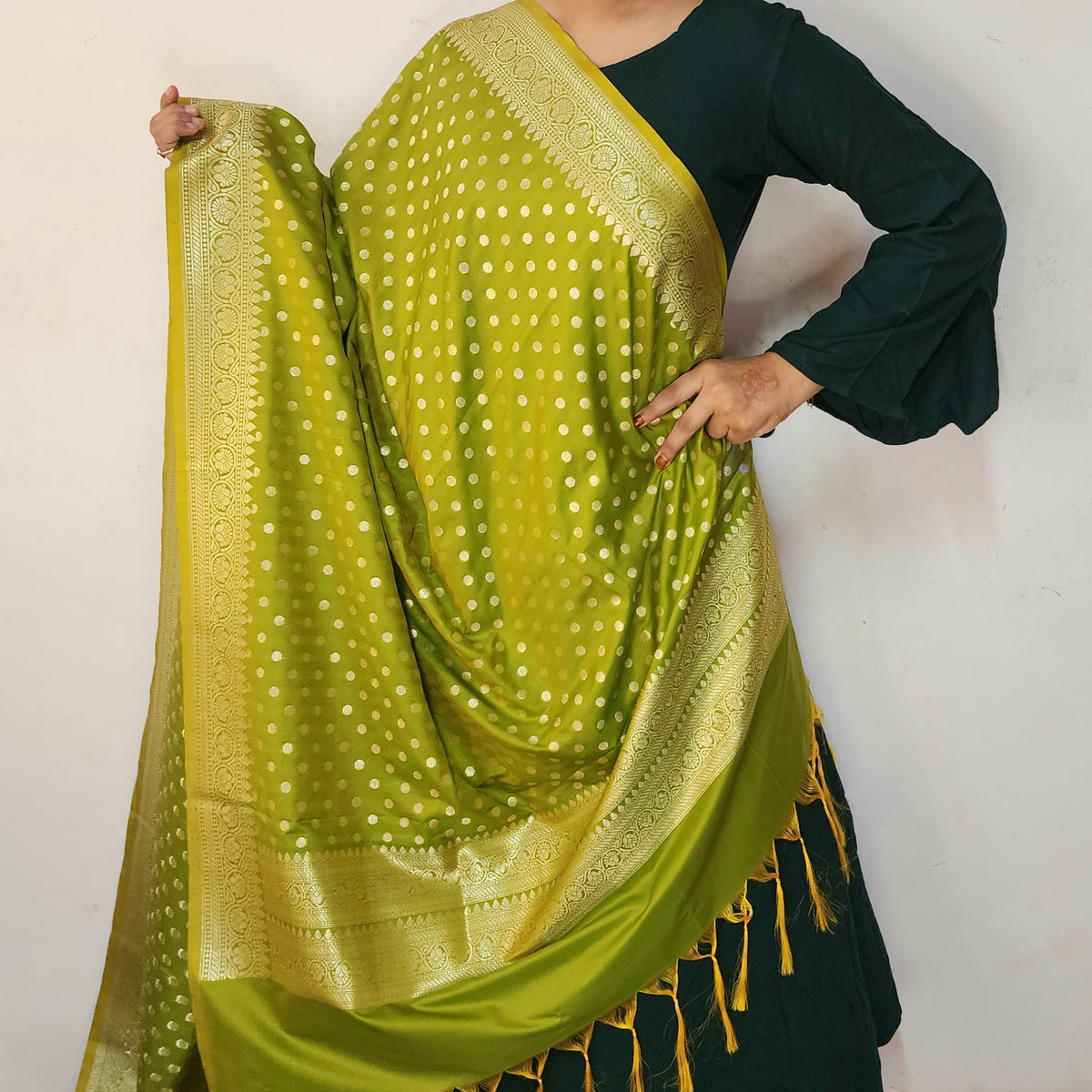 Olive Green Banarasi Silk Dupatta with Gold Polka Dot