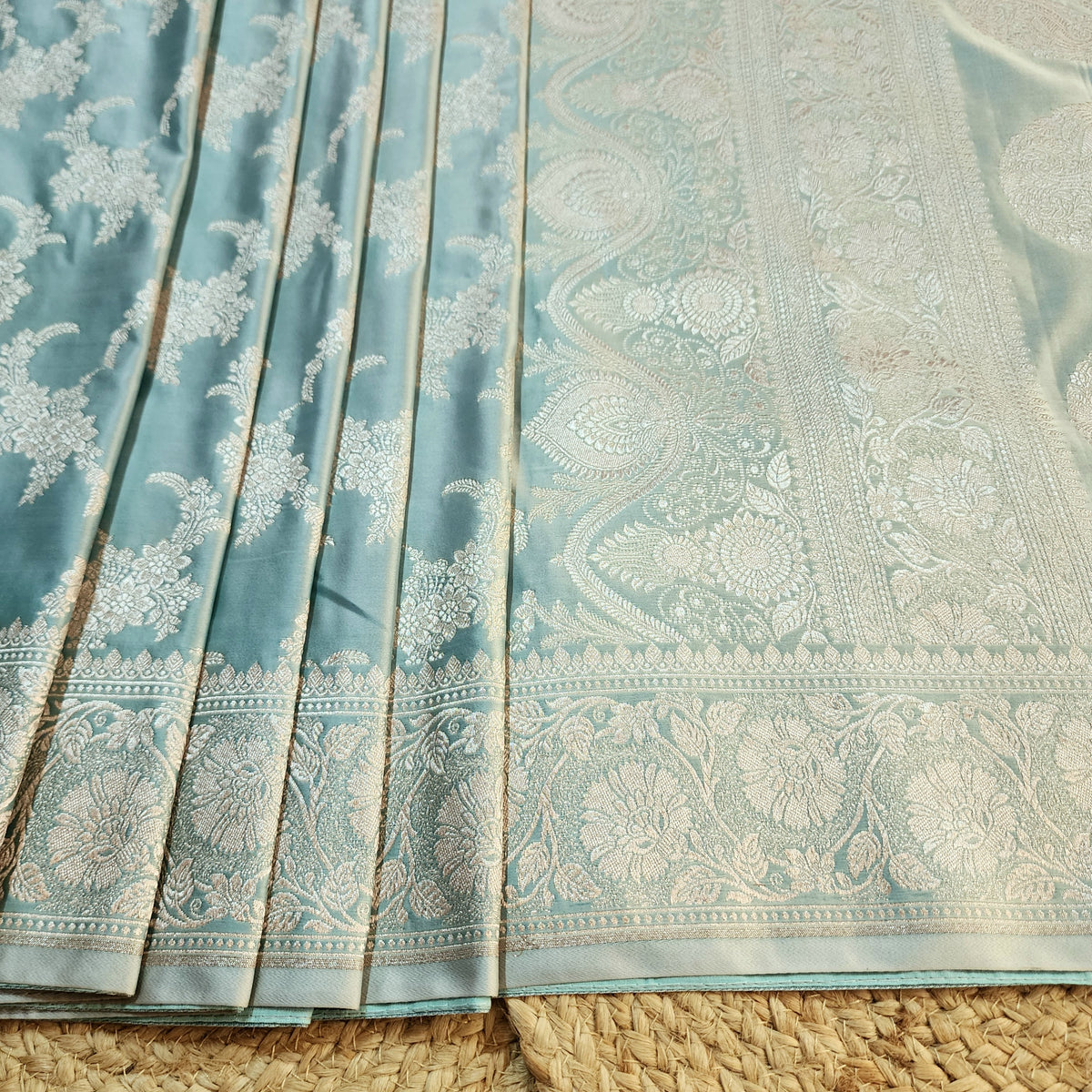 Dusty Blue Banarasi Katan Silk Saree with Floral Vine Jaal