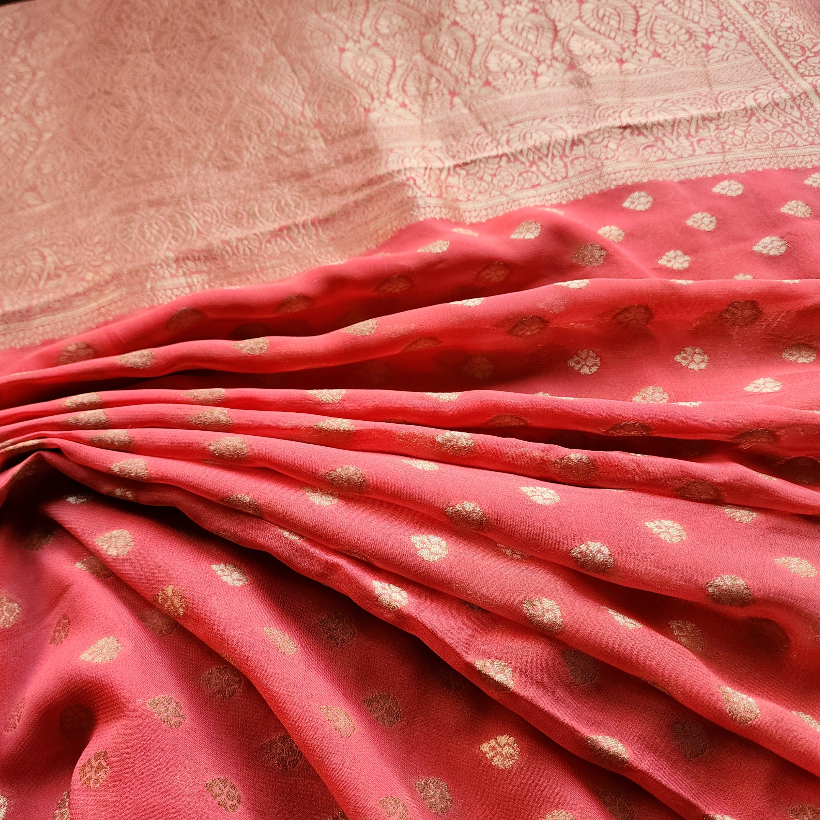 Peach Khaddi Georgette Pure Banarasi Saree with Golden Zari