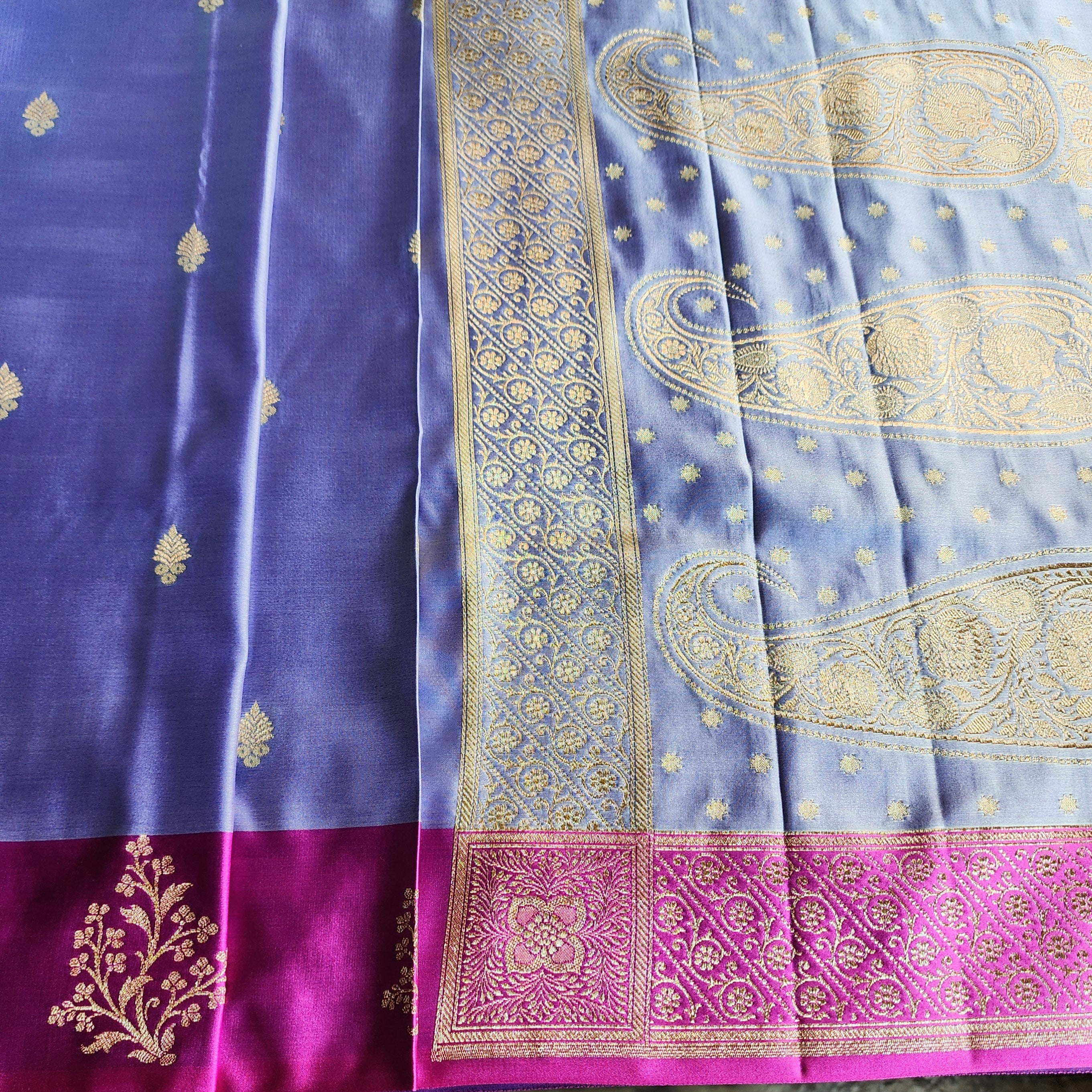 Pastel Purple Katan Silk Saree with Magenta Gold Zari Border