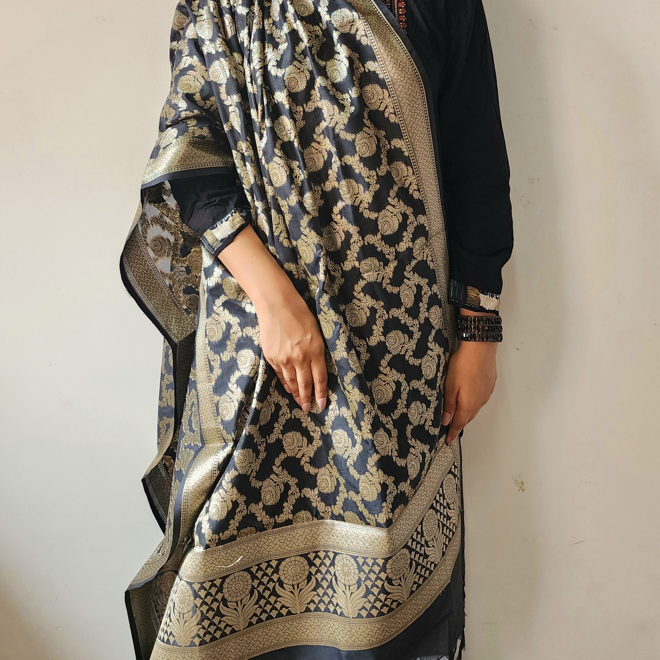 Black Floral Jaal Dupatta with Mughal-Inspired Zari Border