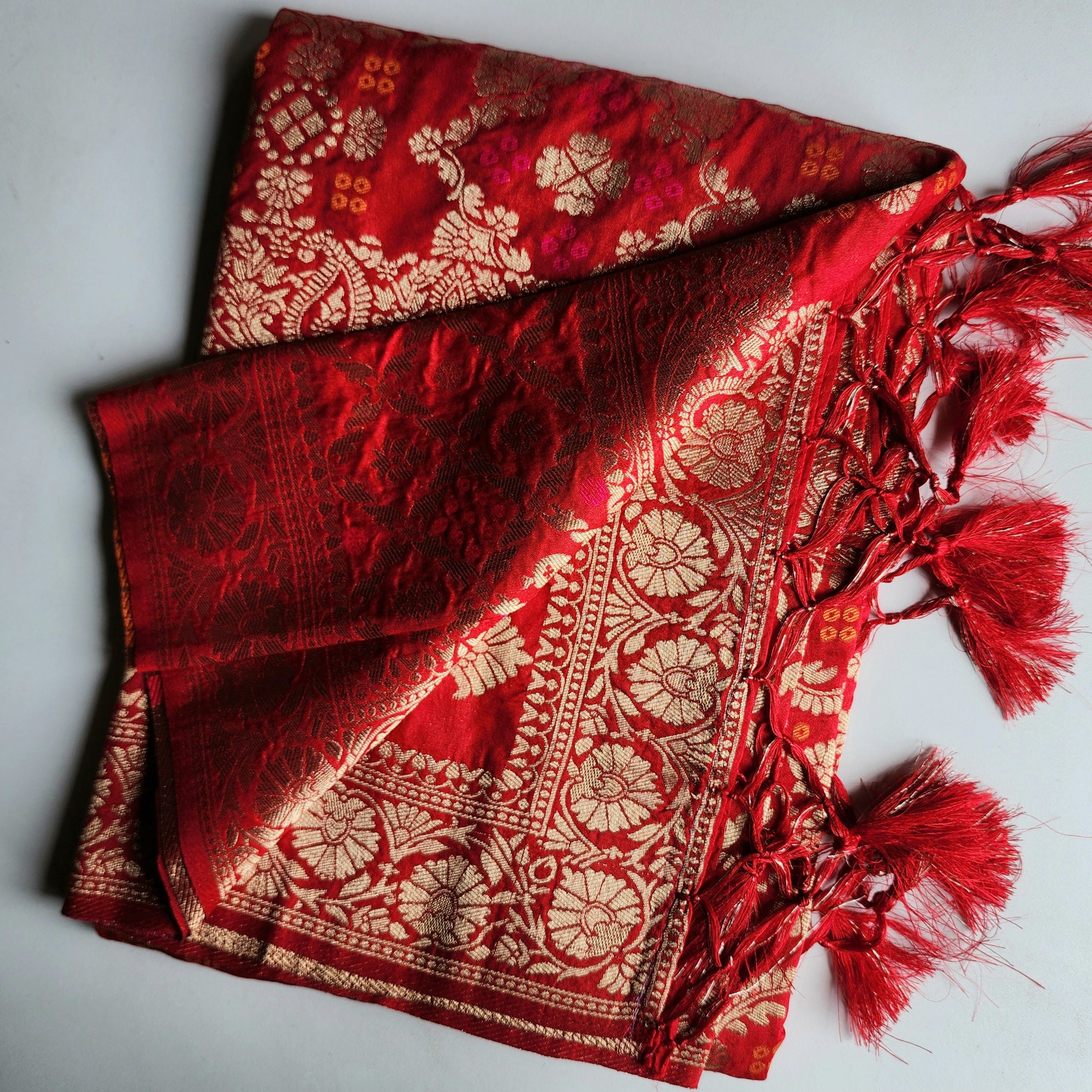 Deep Ruby Red Bandhani Dupatta with Floral and Geometric Zari Weave
