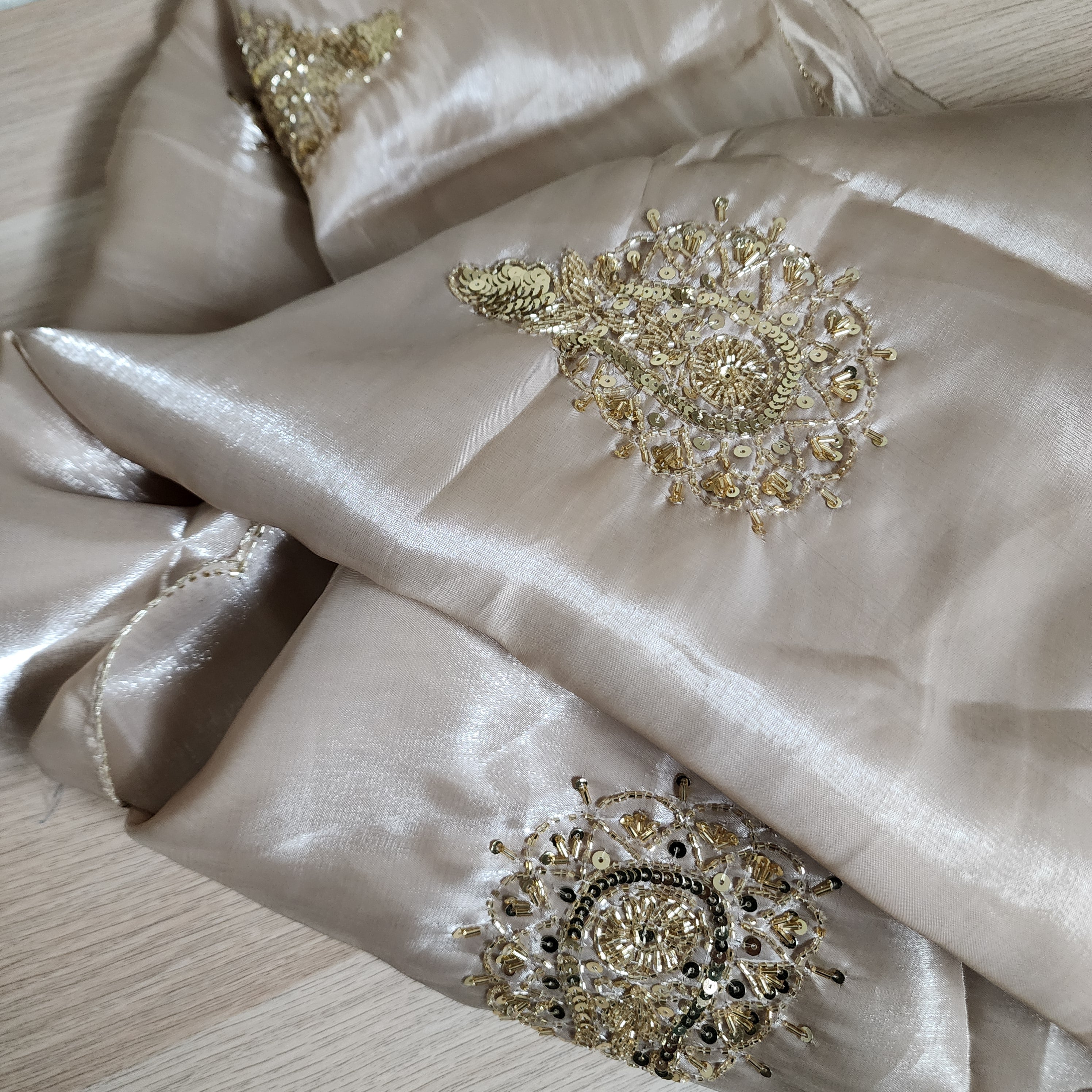 Glossy Metallic Tissue Silk Saree with Hand Embroidery