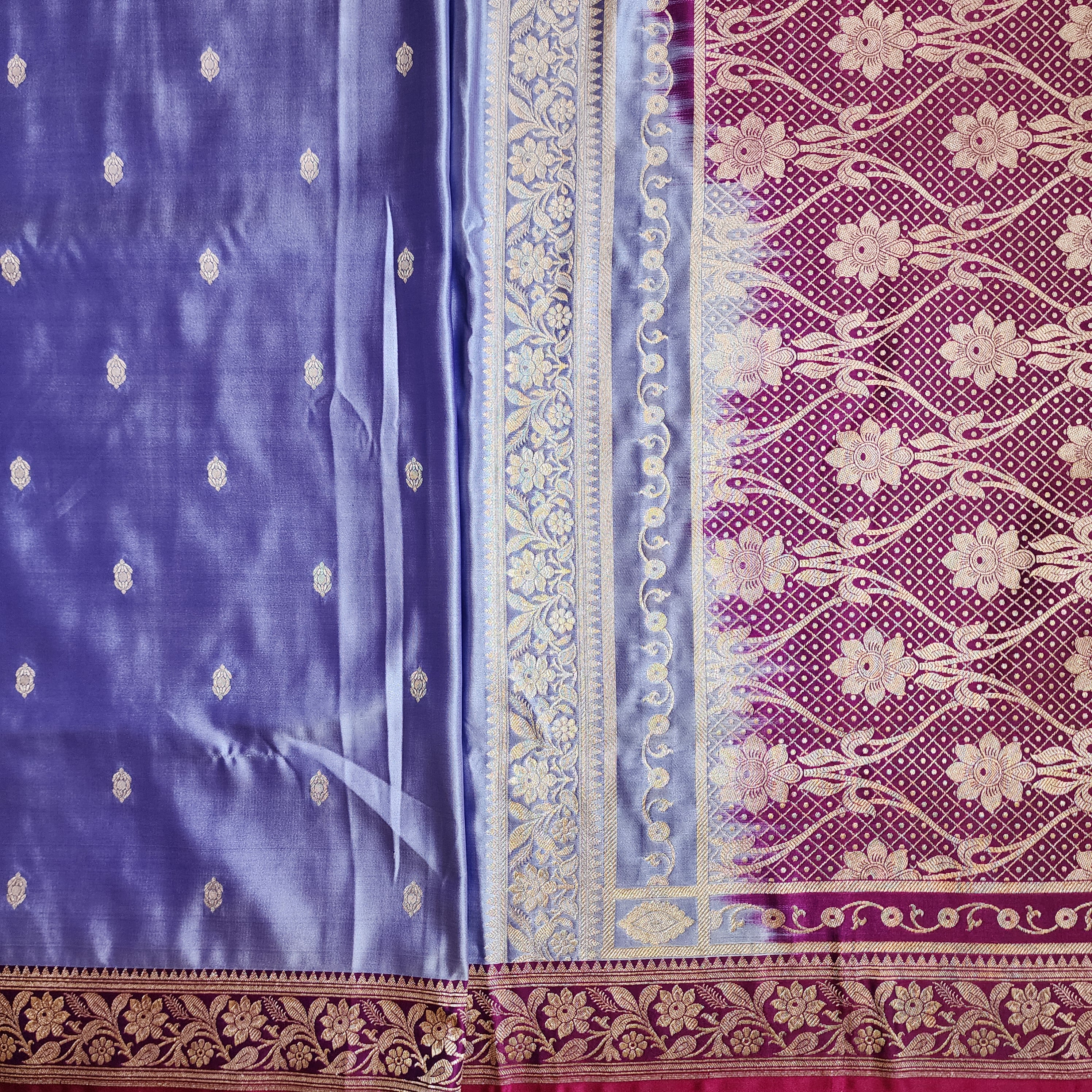 Periwinkle Katan Silk Saree with Magenta and Gold Zari Border