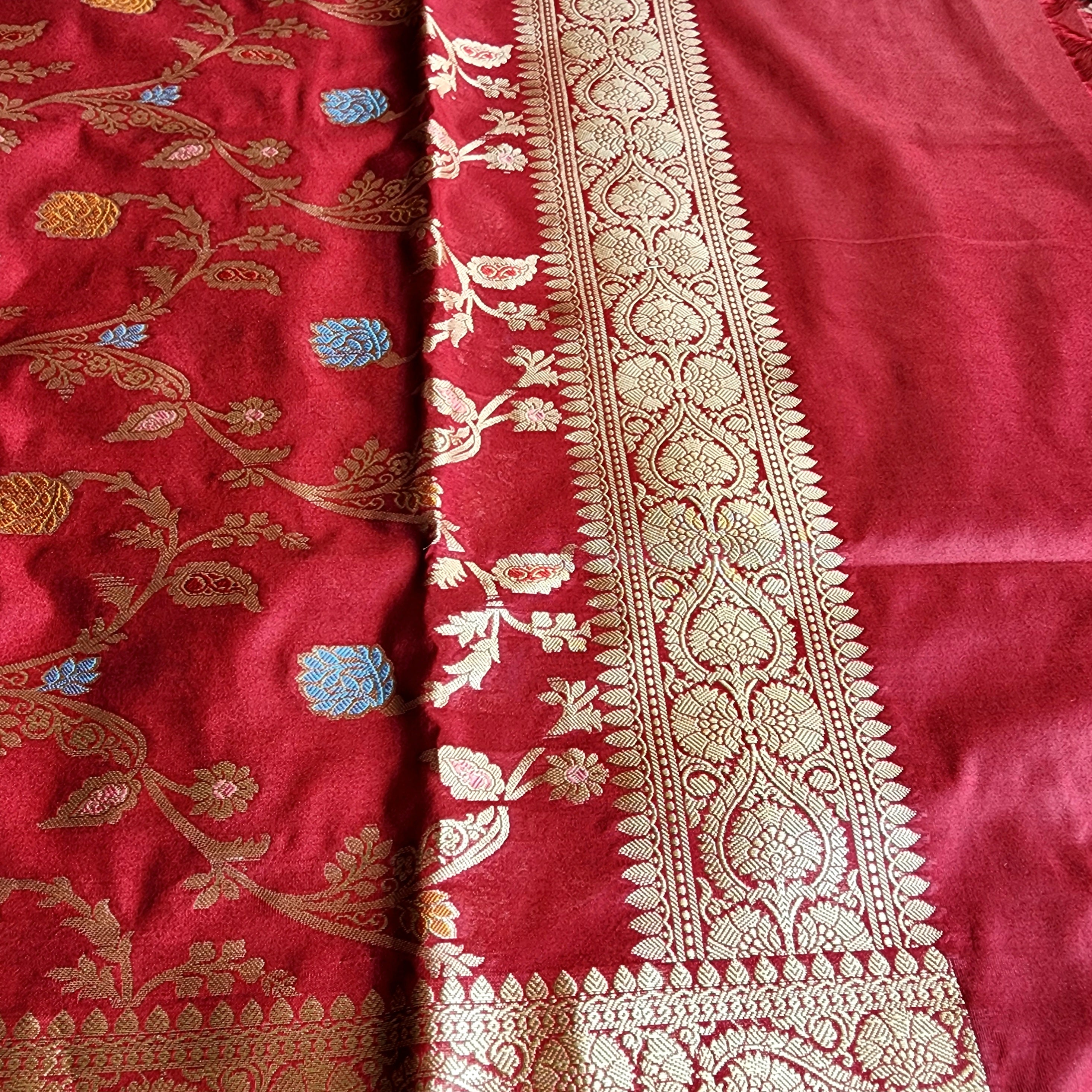 Maroon Banarasi Silk Dupatta with Gold Zari Border & Multicolor Meenakari Work