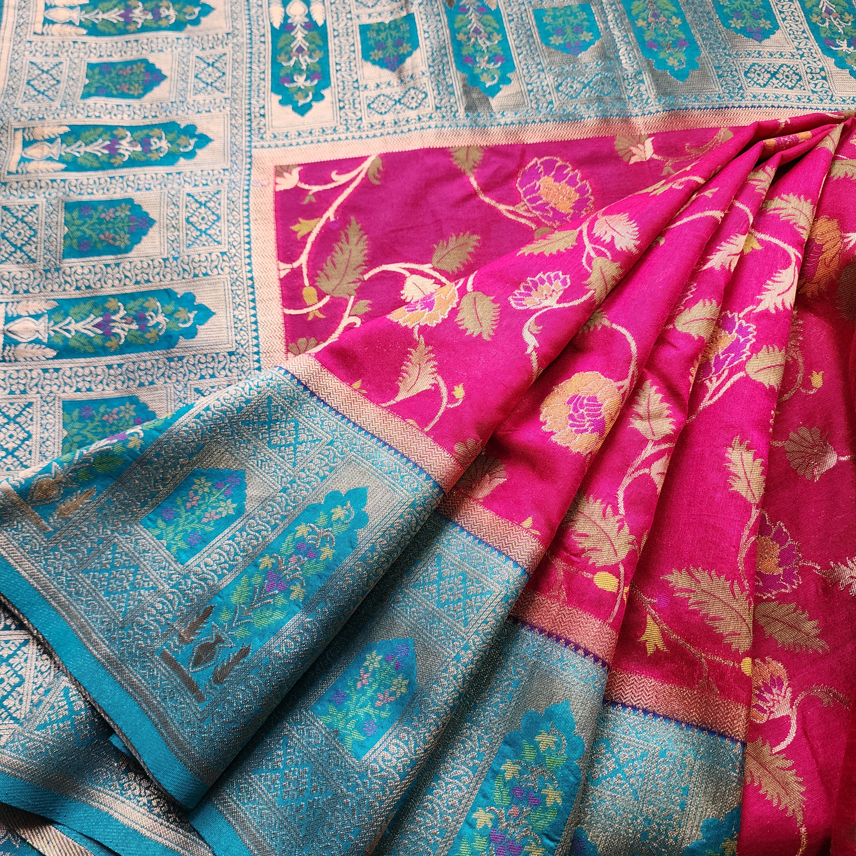 Rani Pink Dupion Patola with Turquoise Blue Border & Heavy Gold Zari