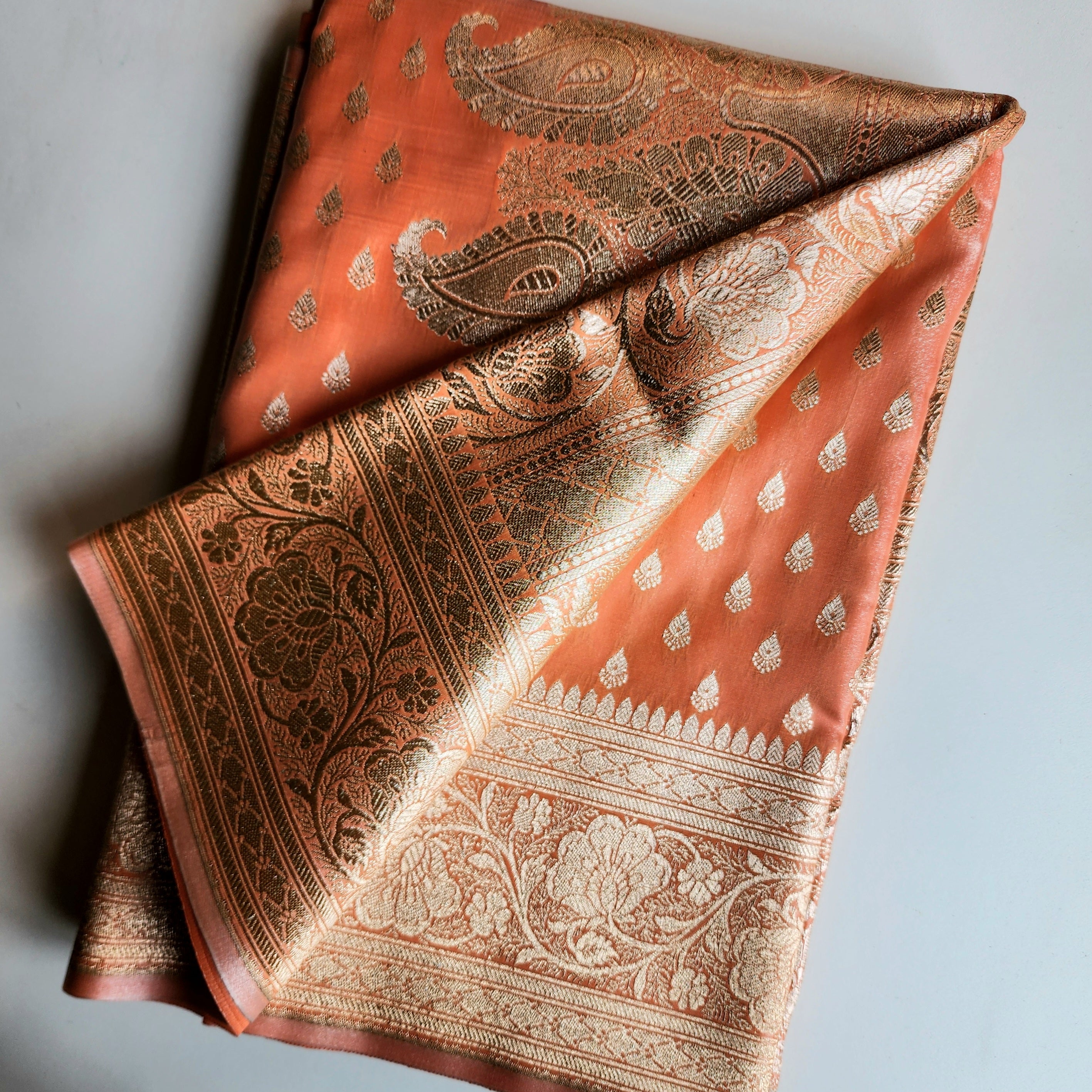 Rich Burnt Orange Banarasi Silk Saree with Gold Zari Weaving