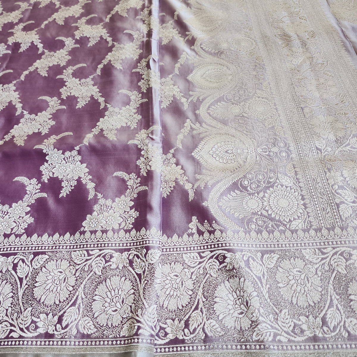 Dusty Lilac Banarasi Katan Silk Saree with Floral Vine Jaal