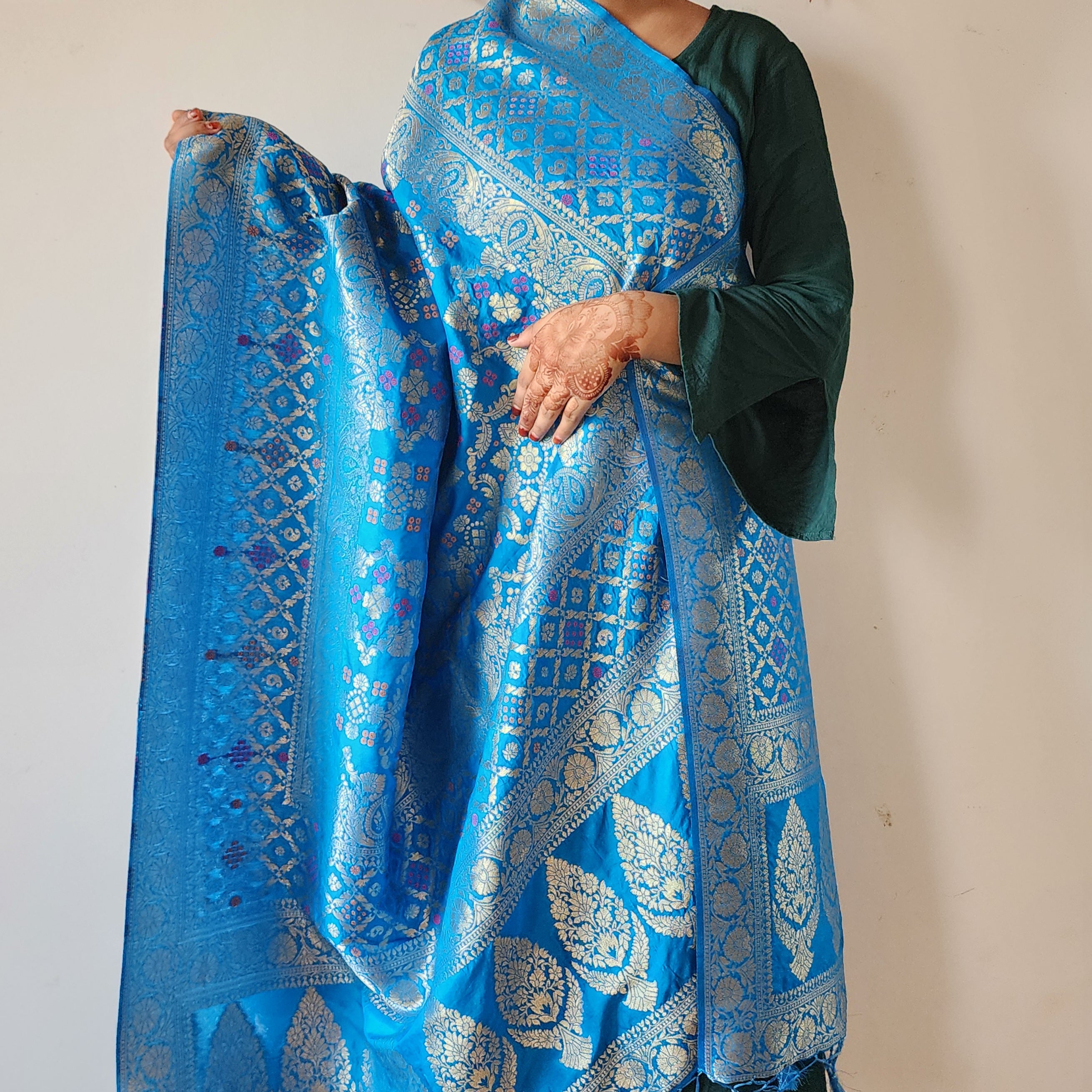 Electric Blue Bandhani Dupatta with Floral and Geometric Zari Weave