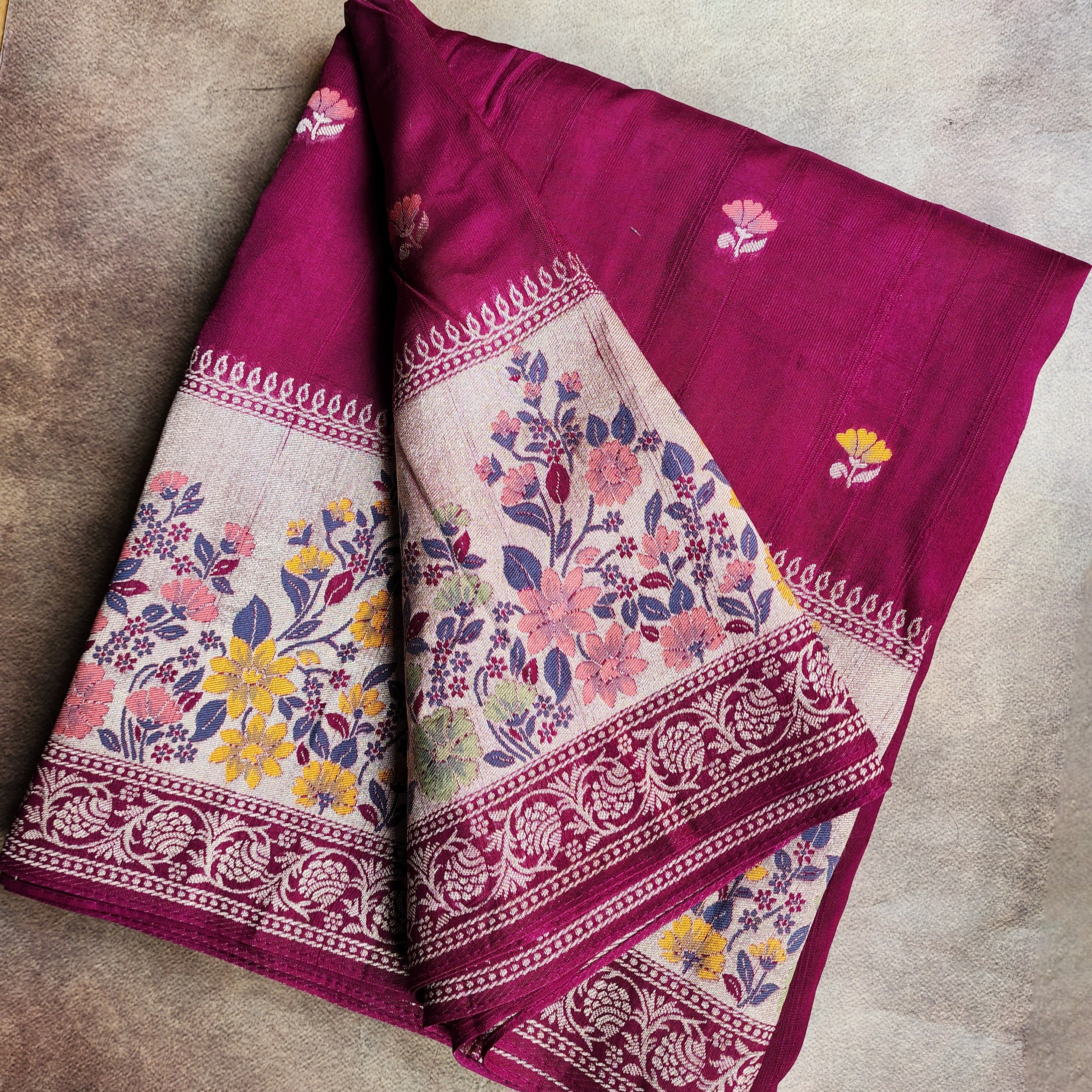 Soft Wine Raw Silk Saree With Pastel Floral Weaving and Off White Border