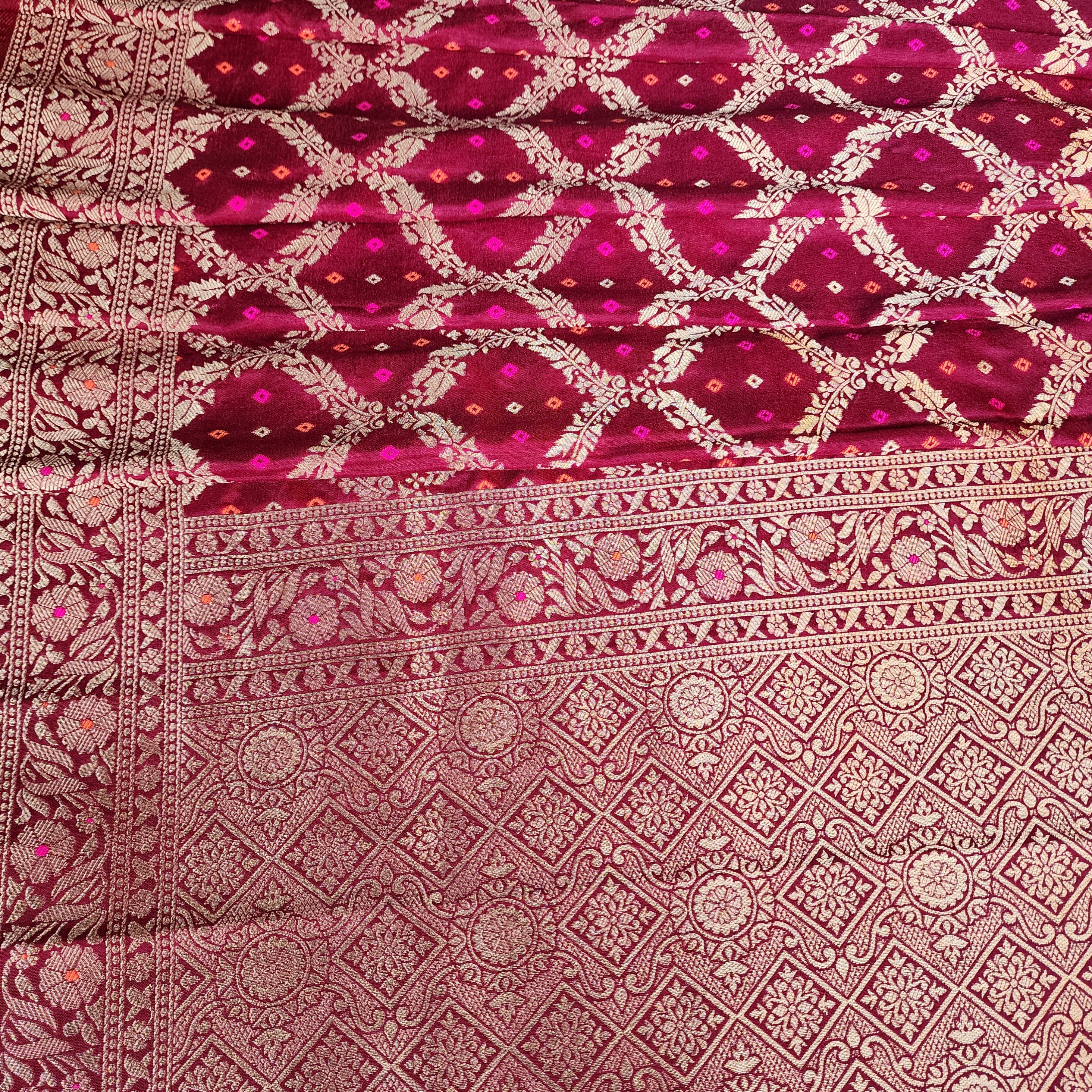 Wine Bandhani Dupatta with Traditional Jaal