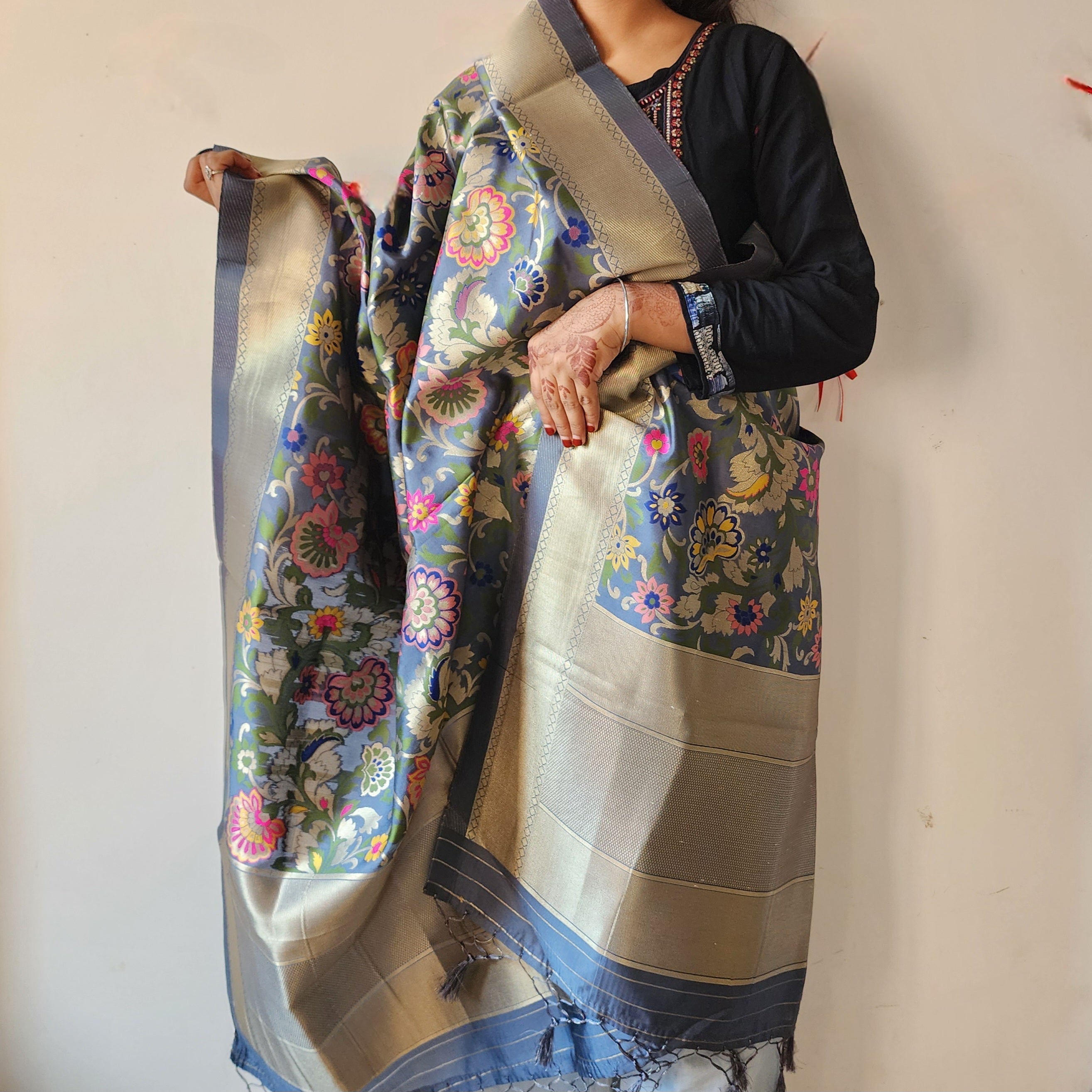 Banarasi Silk Dark Gray Dupatta with Multicolor & Gold Floral Handweaving