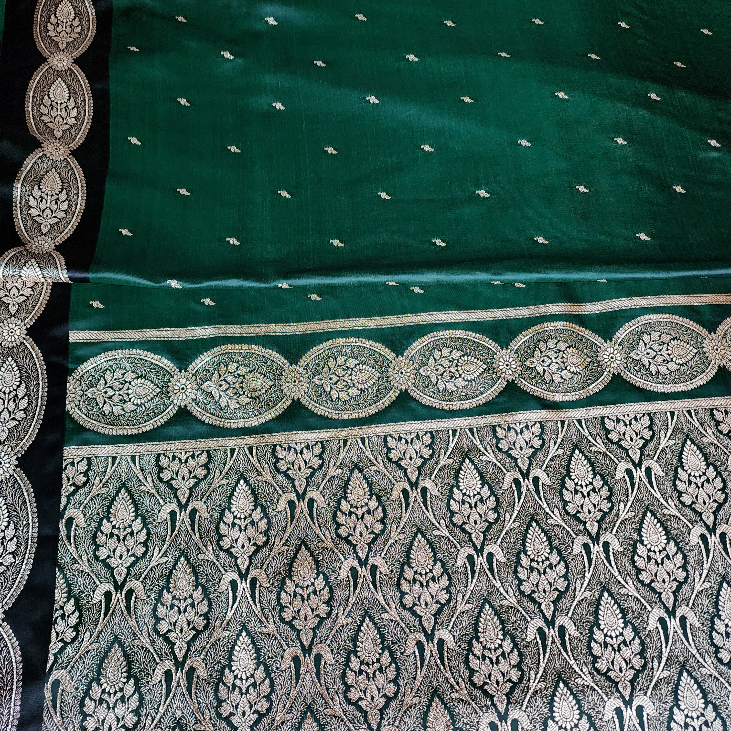 Bottle Green Banarasi Katan Silk Saree with Gold Zari Weaving