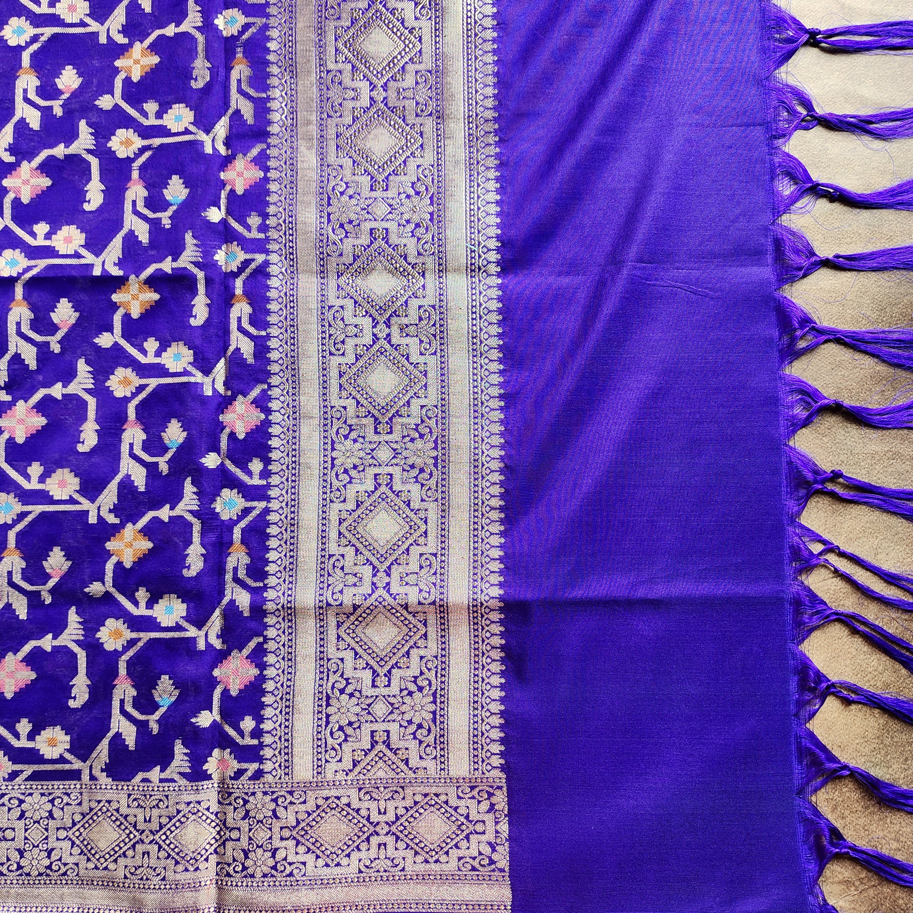 Golden Grid Banarasi Silk Dupatta with Meenakari Work in Electric Blue