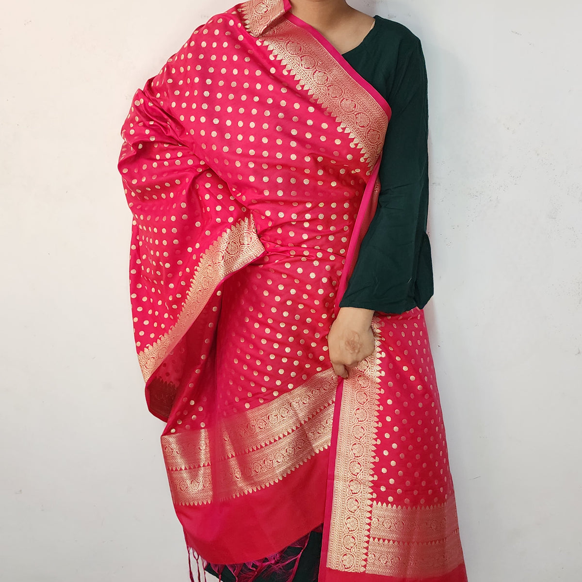 Fuchsia Banarasi Silk Dupatta with Gold Polka Dot