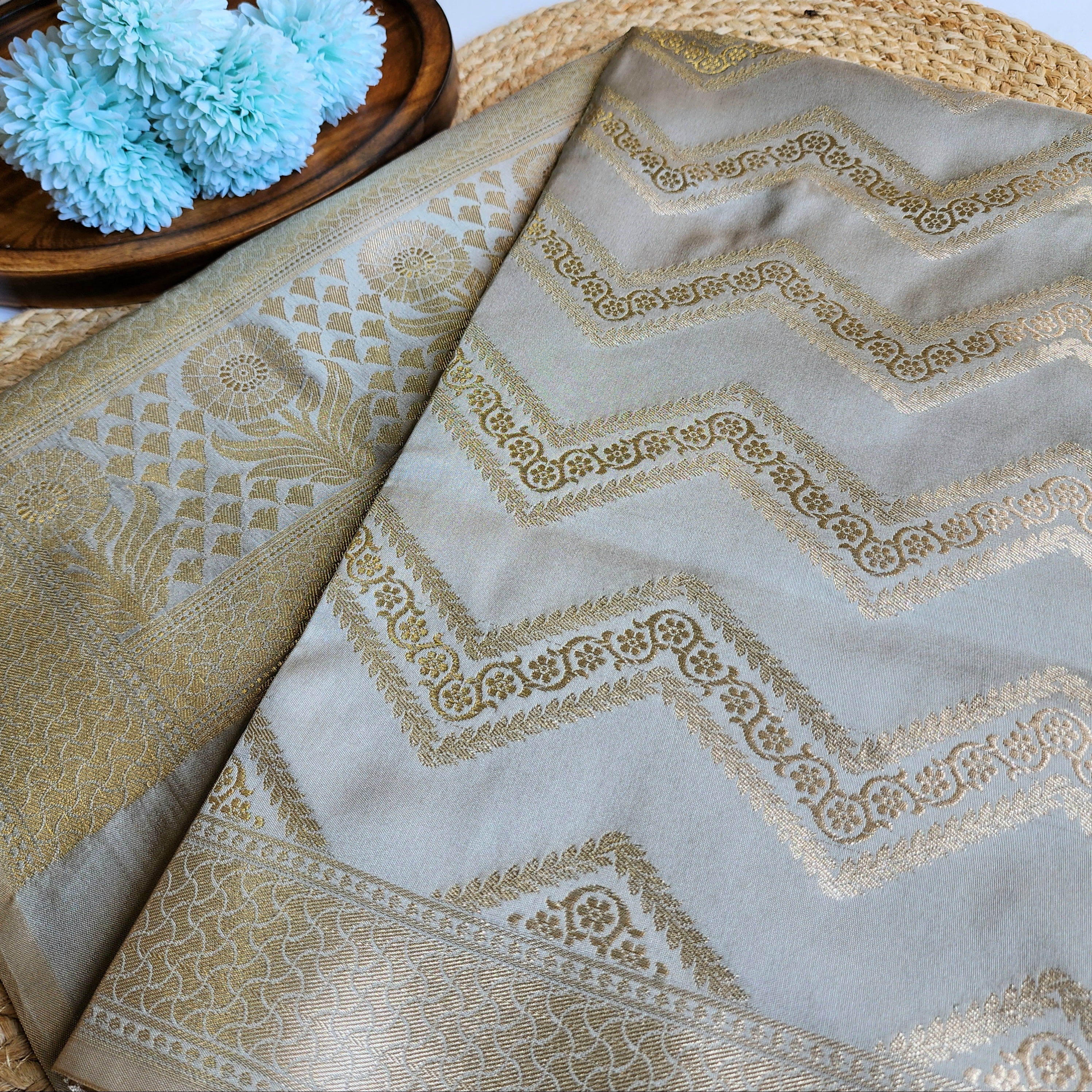 Dove Grey Banarasi Dupatta with Golden Zigzag Pattern