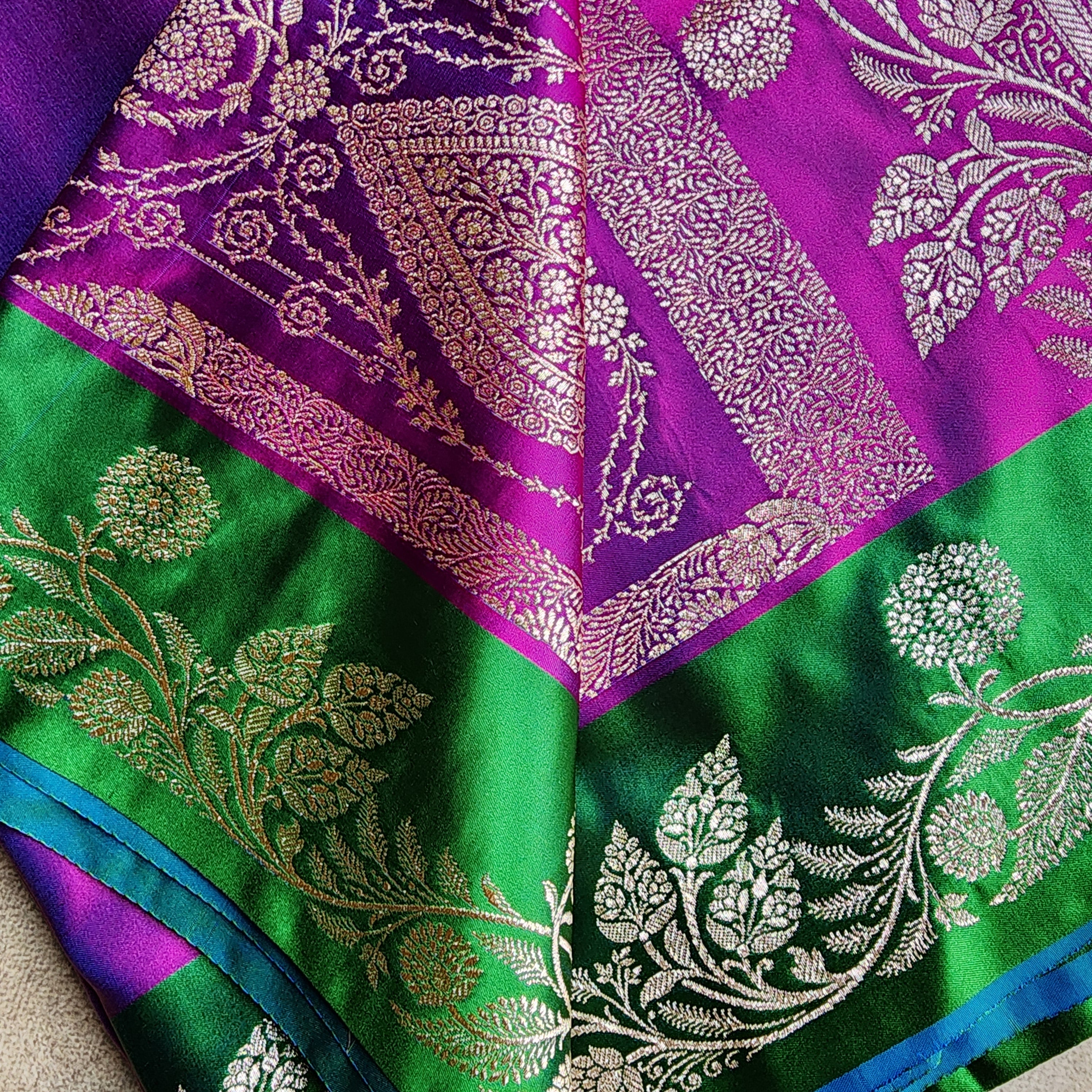 Royal Purple Pure Banarasi Katan Silk Saree with Leaf Green Border