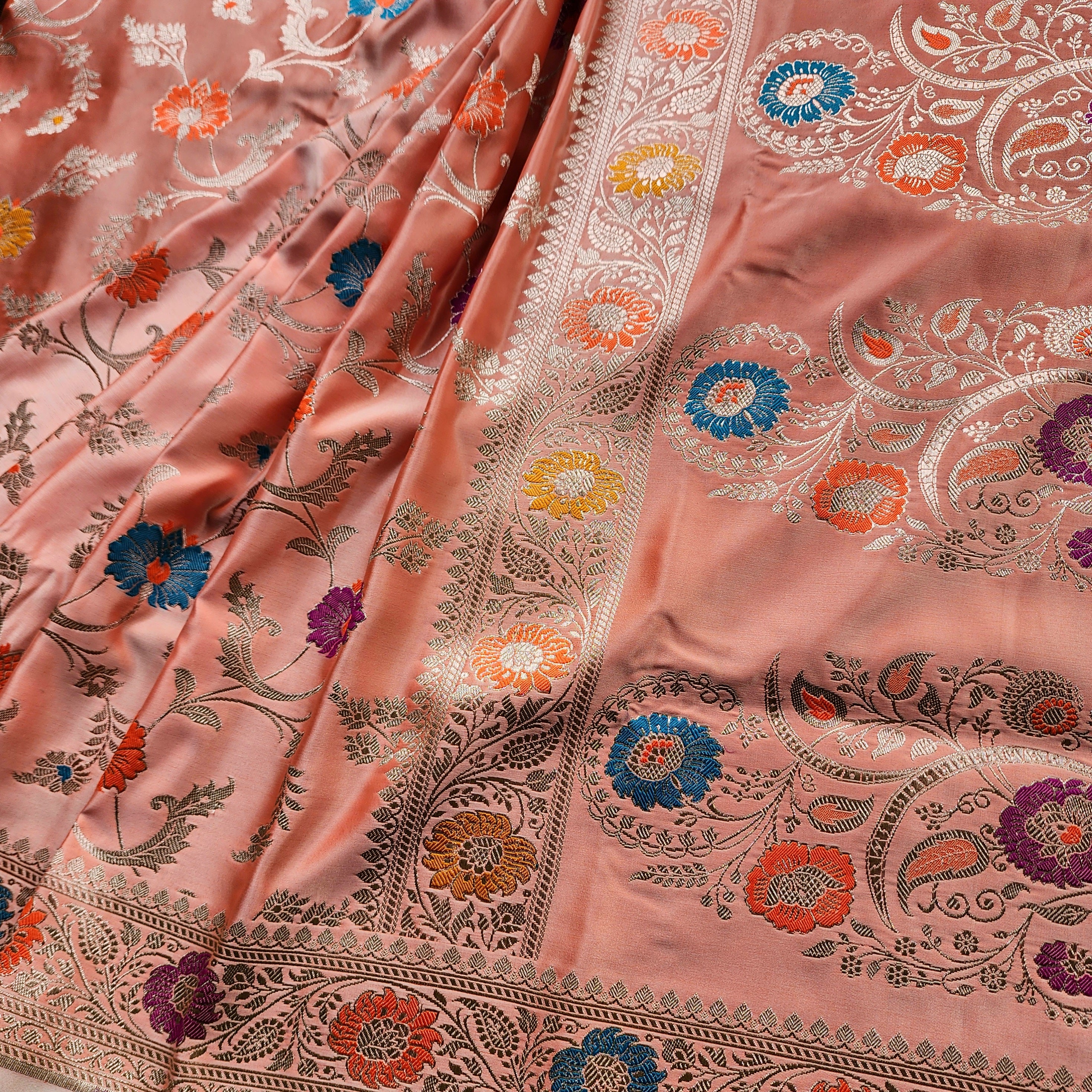 Enriched Banarasi Katan Silk Saree | Peach Multicolor Meenakari Floral Jaal