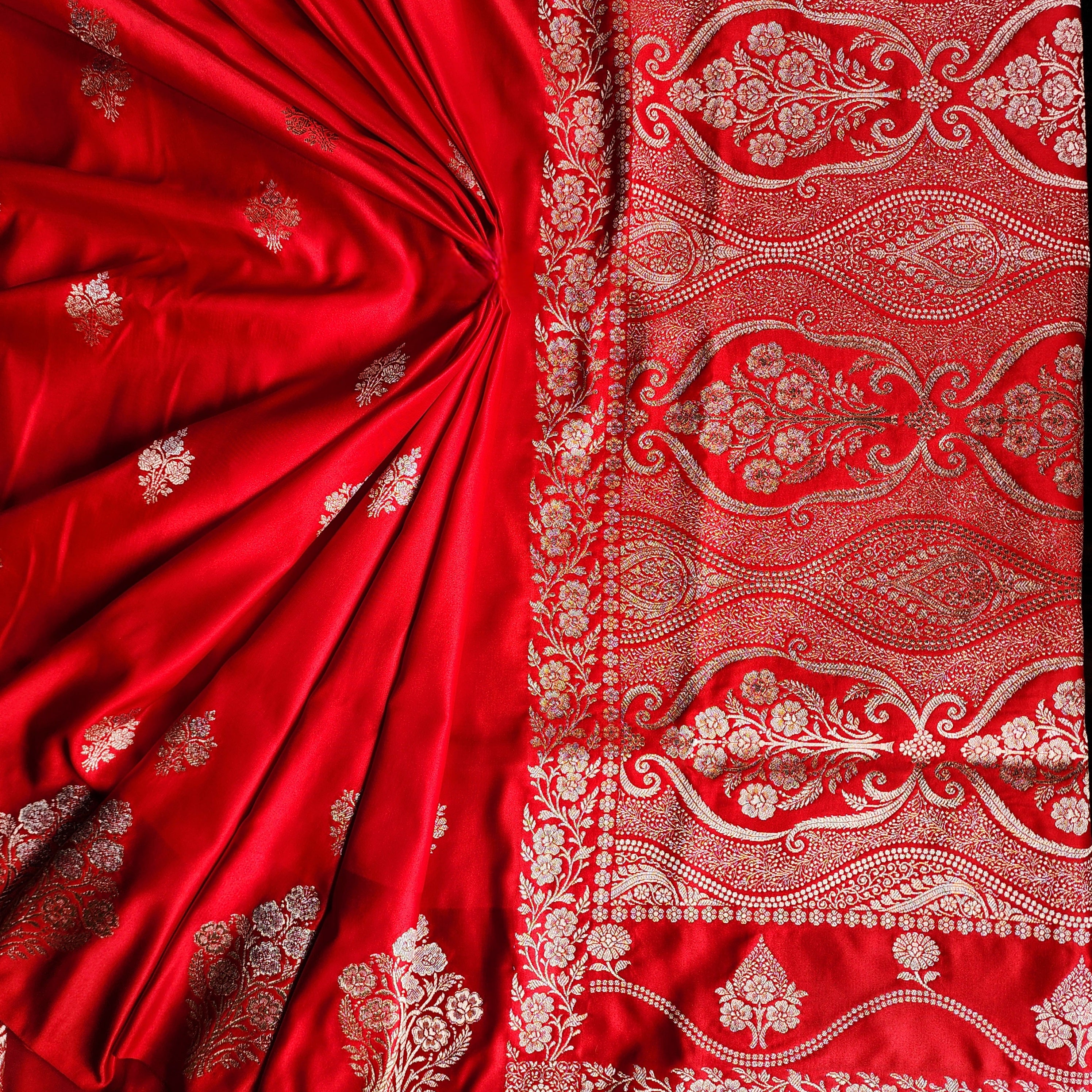 Dual-Tone Bright Red Pure Banarasi Katan Silk Saree