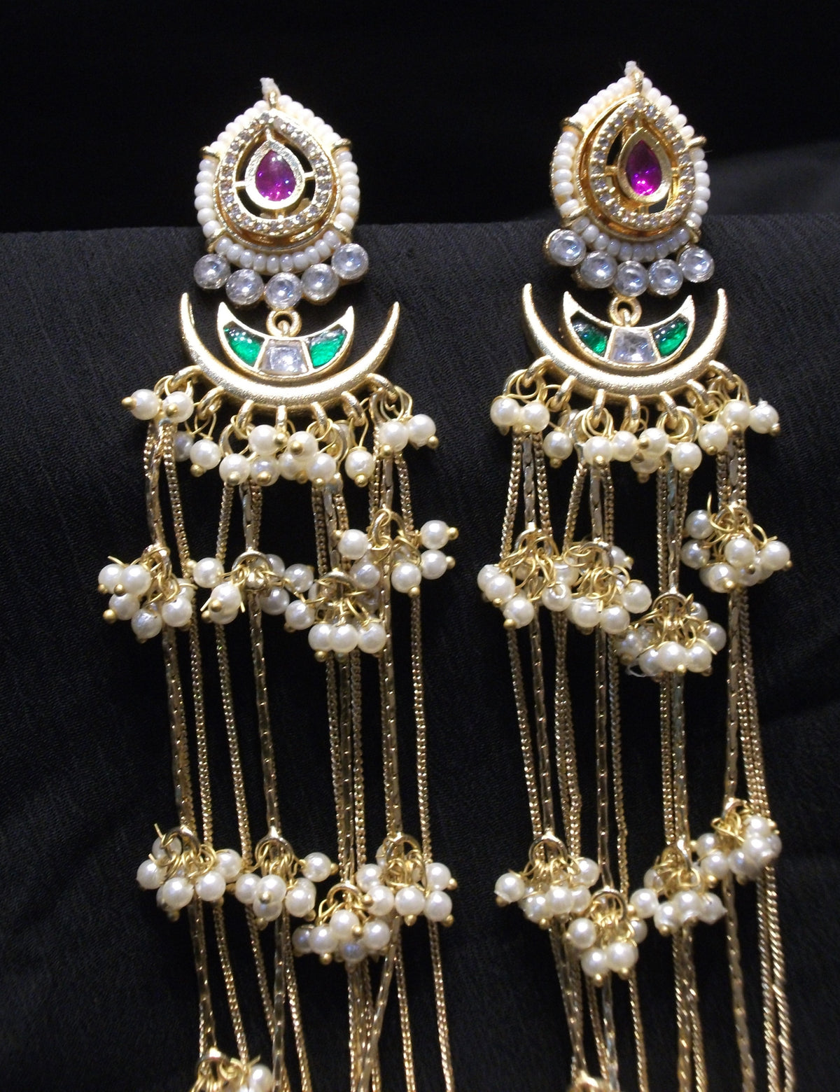 Royal Crescent Drop Earrings with Hanging Pearl Chains and Gemstones
